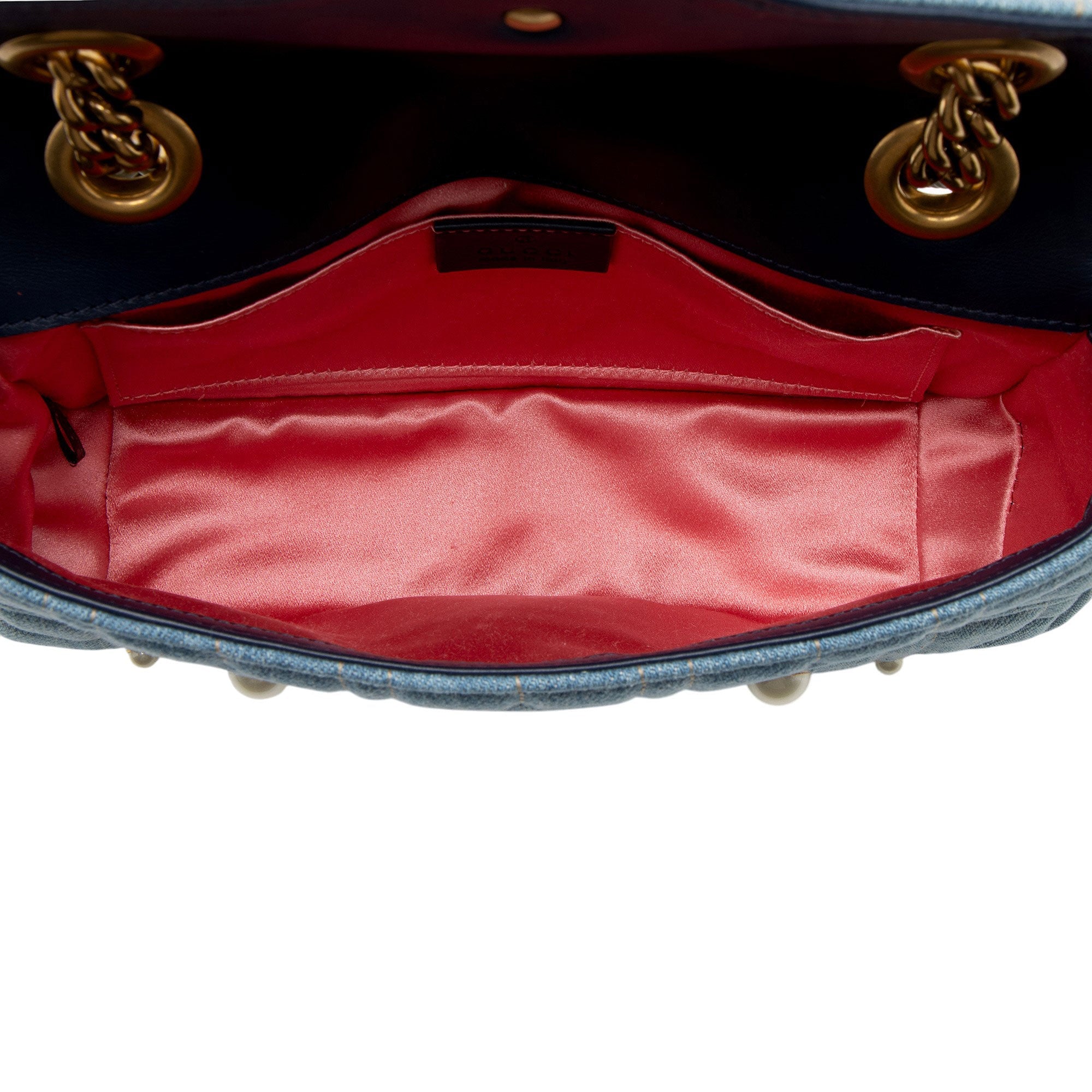 Gucci Matelasse Denim Pearl GG Marmont Small Flap Bag