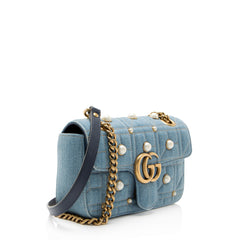 Gucci Matelasse Denim Pearl GG Marmont Small Flap Bag