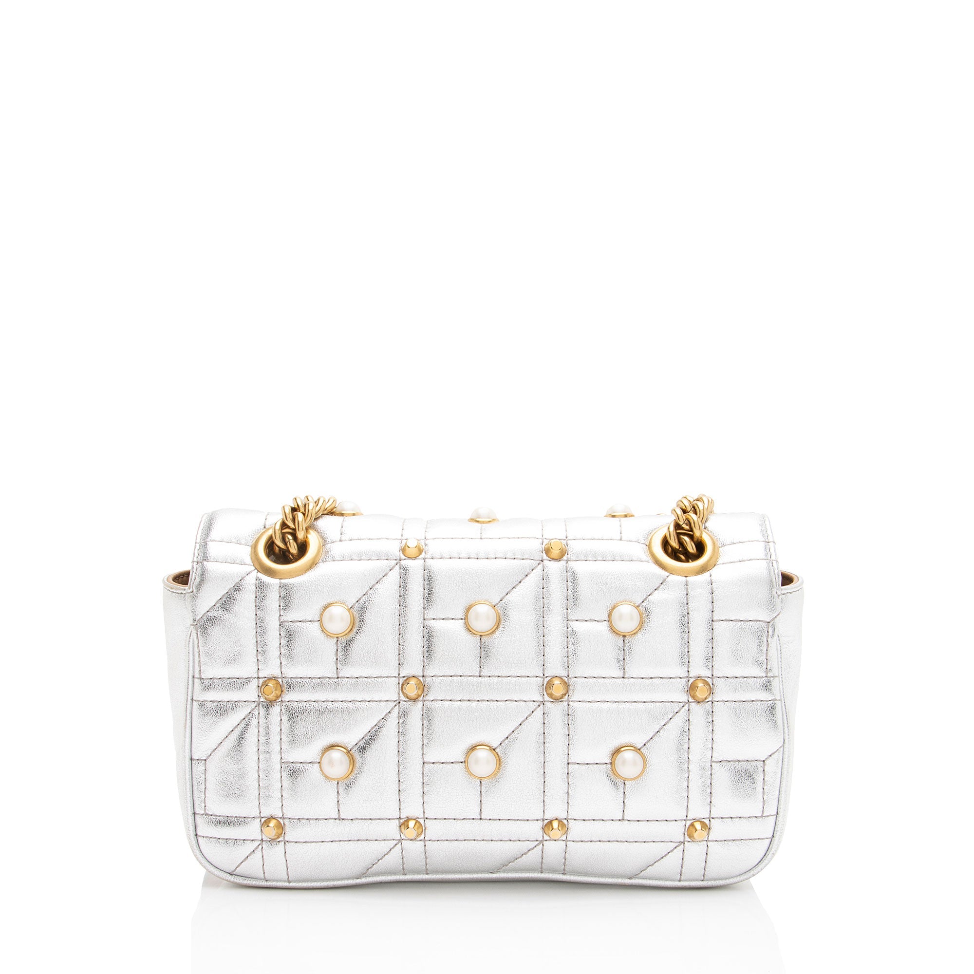 Gucci Metallic Matelasse Leather Pearl GG Marmont Small Flap Bag