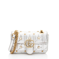 Gucci Metallic Matelasse Leather Pearl GG Marmont Small Flap Bag