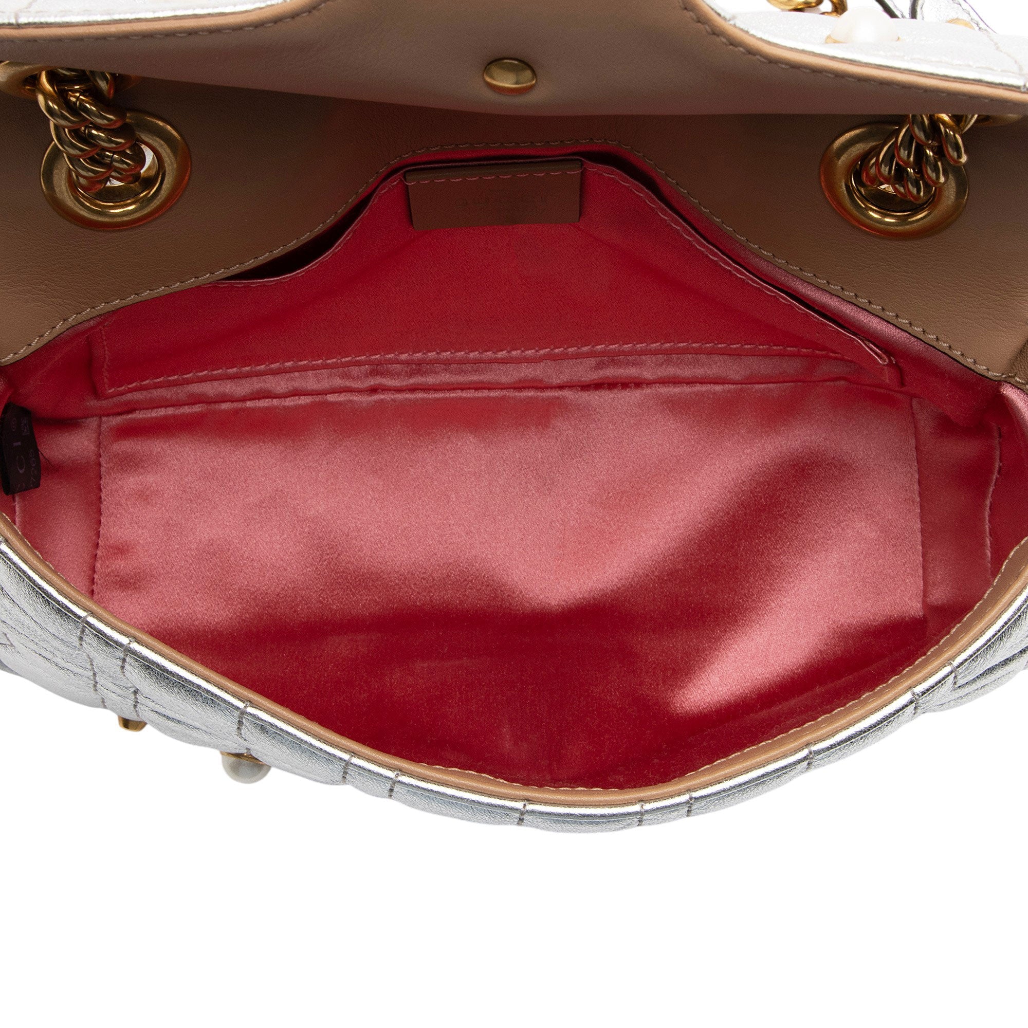Gucci Metallic Matelasse Leather Pearl GG Marmont Small Flap Bag