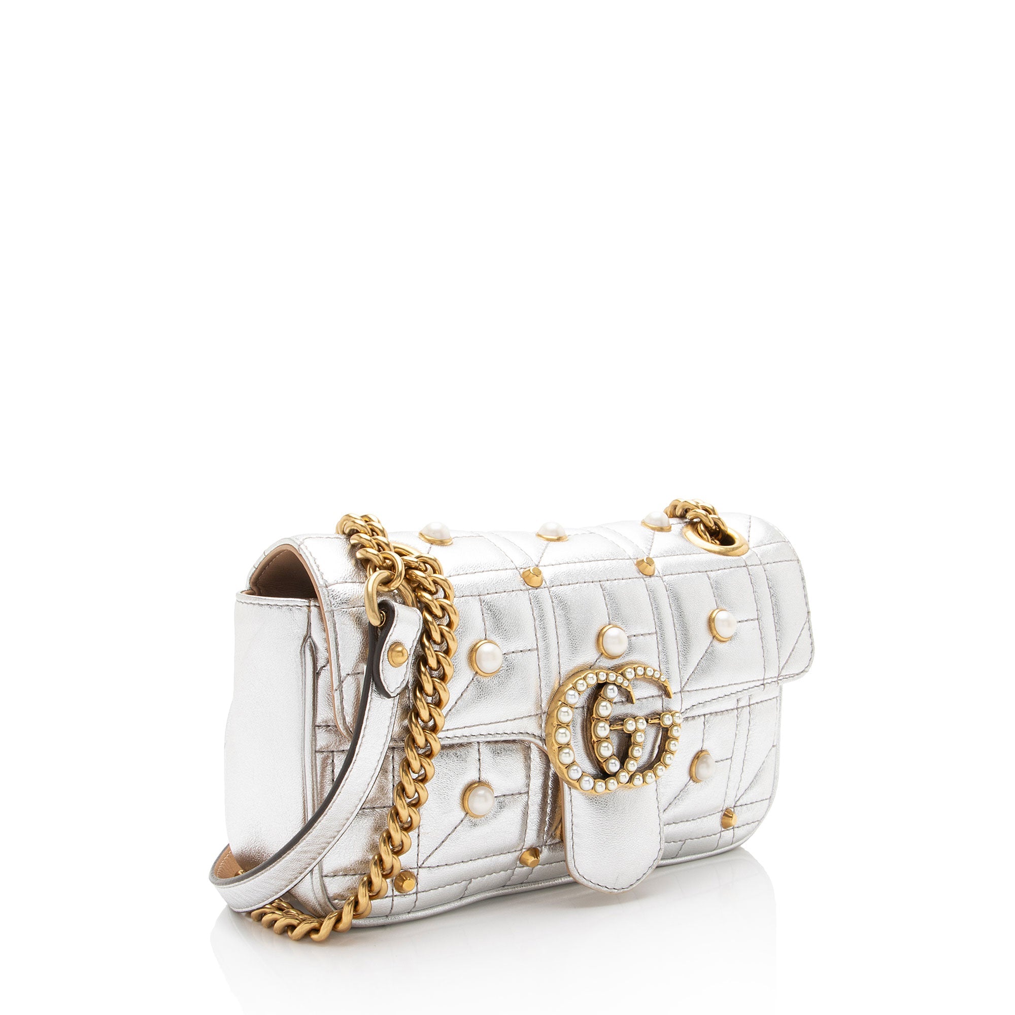 Gucci Metallic Matelasse Leather Pearl GG Marmont Small Flap Bag