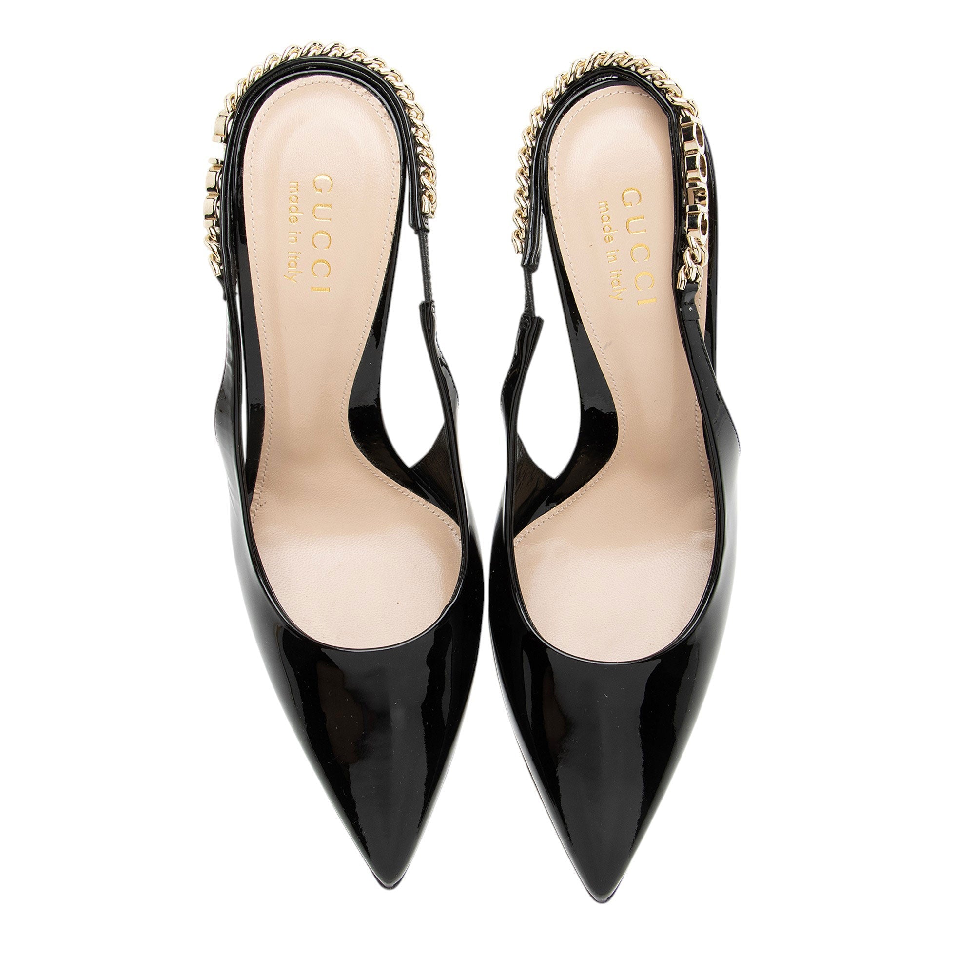 Gucci Patent Leather Chain Logo Signoria Slingback Pumps - Size 7 / 37