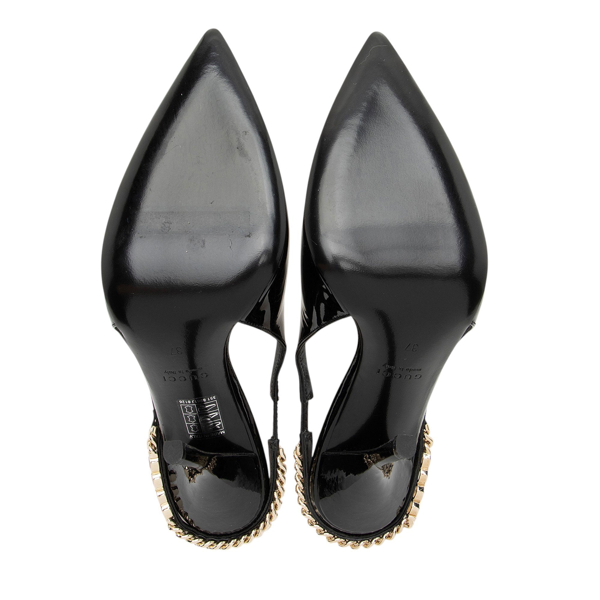 Gucci Patent Leather Chain Logo Signoria Slingback Pumps - Size 7 / 37
