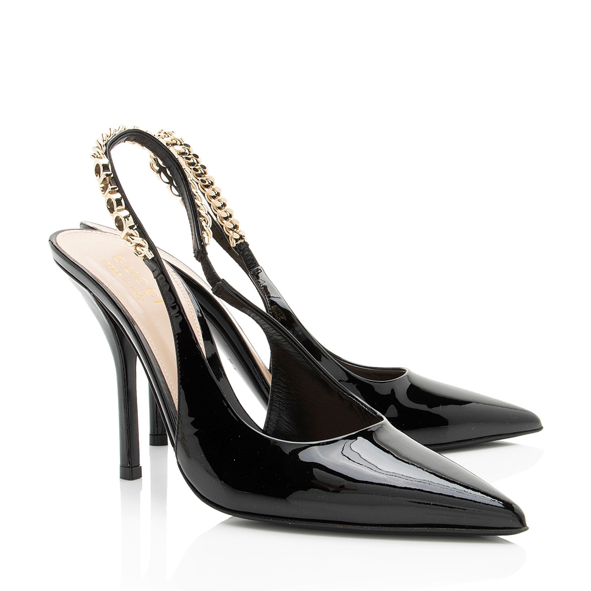 Gucci Patent Leather Chain Logo Signoria Slingback Pumps - Size 7 / 37