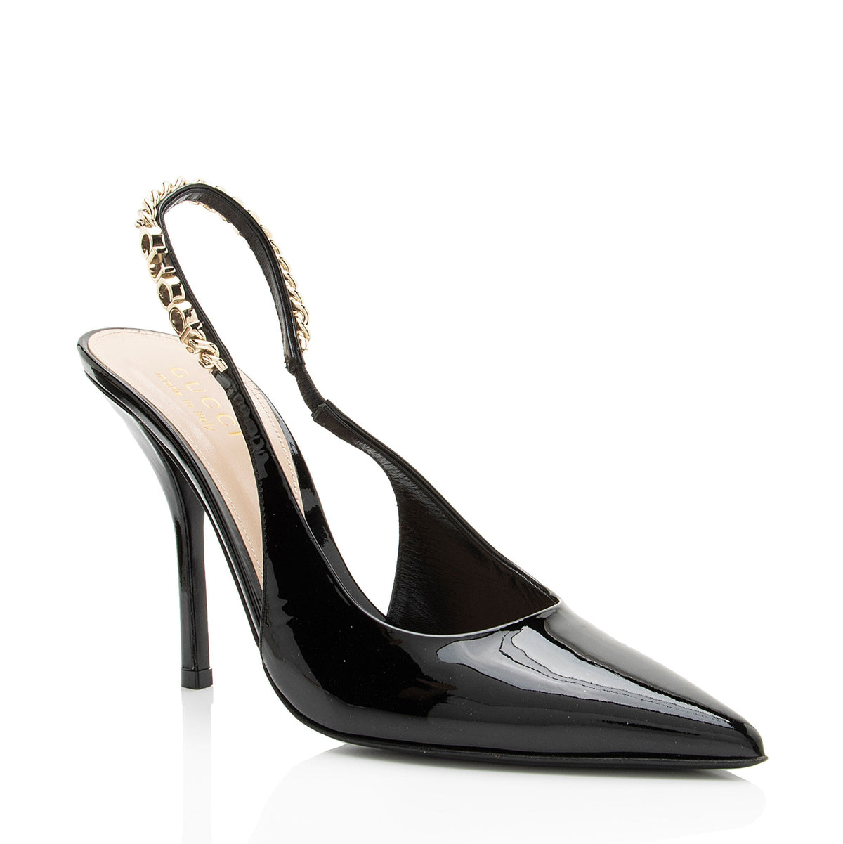 Gucci Patent Leather Chain Logo Signoria Slingback Pumps - Size 7 / 37