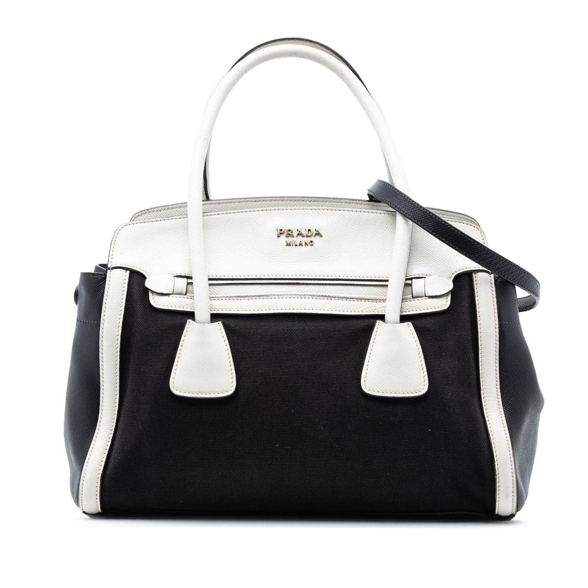 Prada Bicolor Saffiano Cuir Trimmed Canvas Satchel