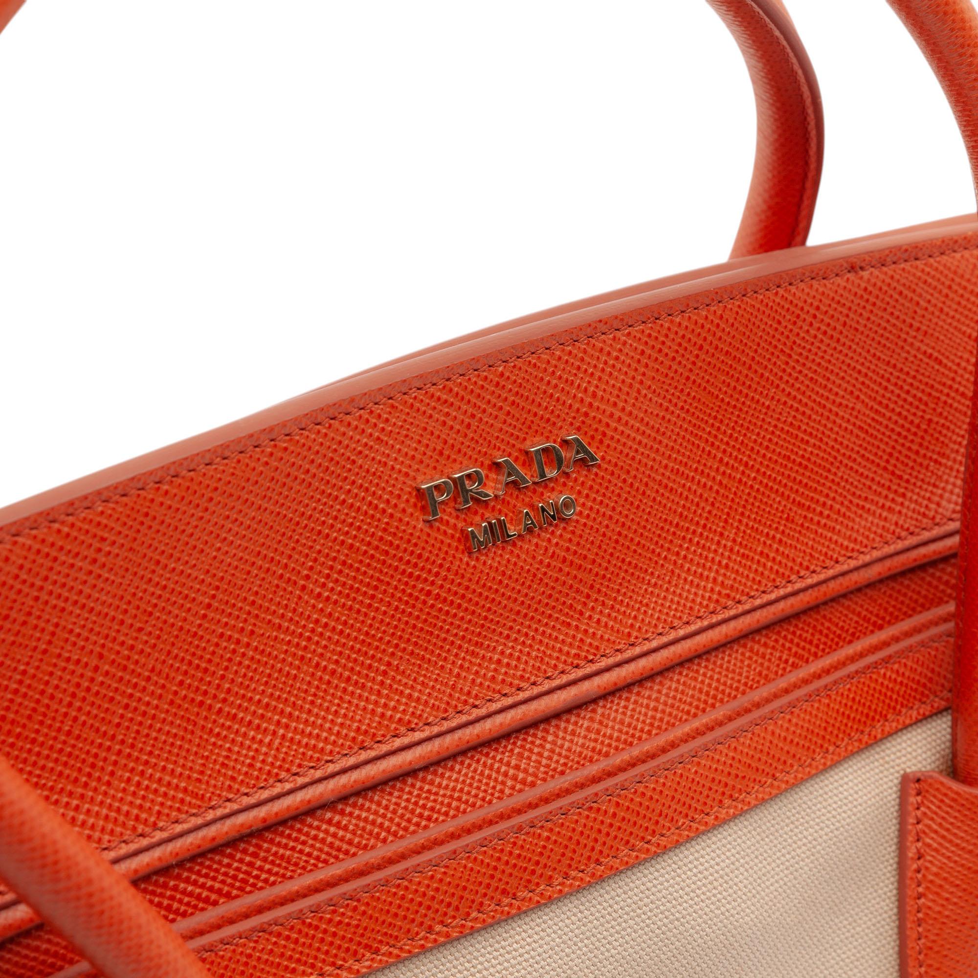 Prada Bicolor Saffiano Cuir Trimmed Canvas Satchel