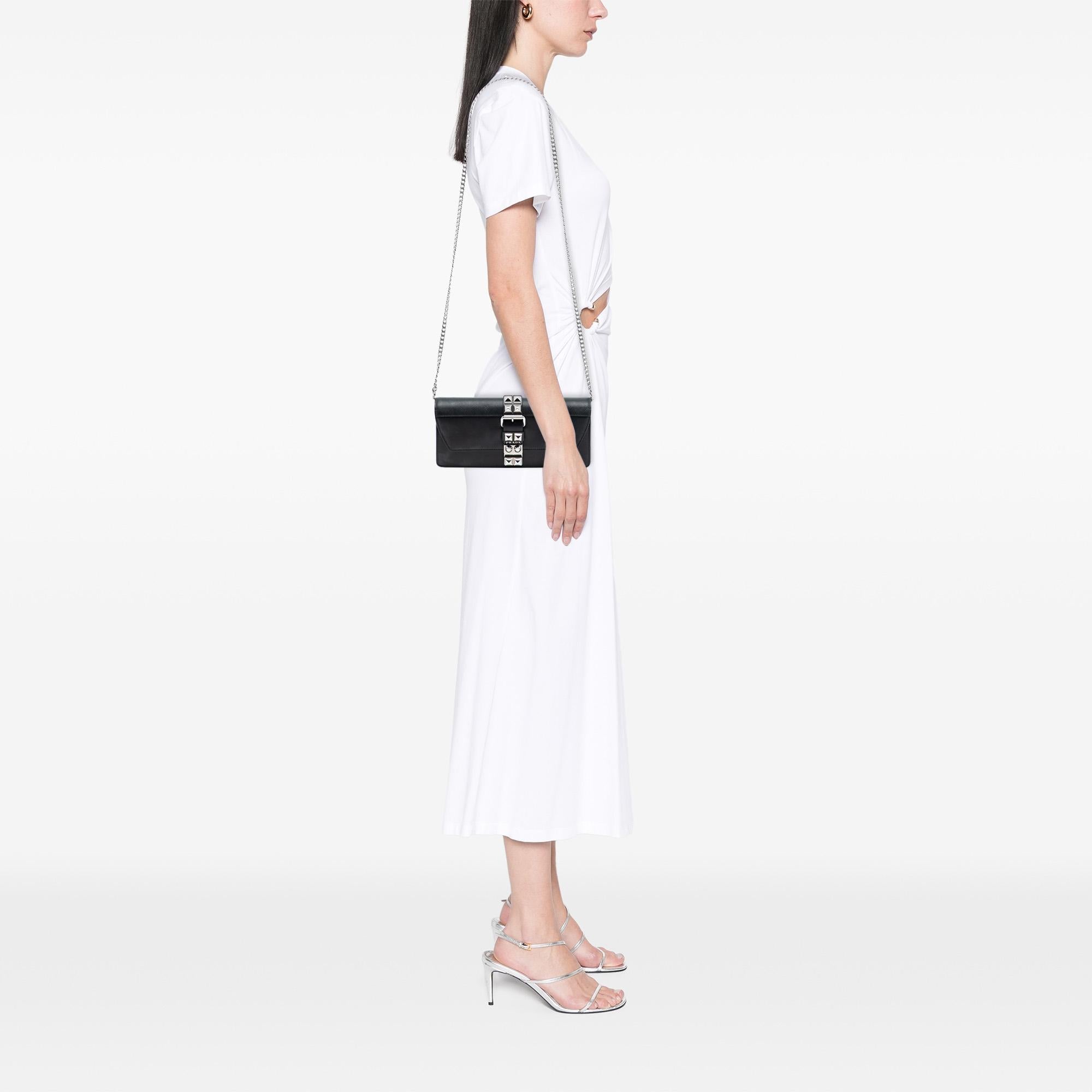 Prada City Calfskin and Saffiano Studded Elektra Clutch with Chain