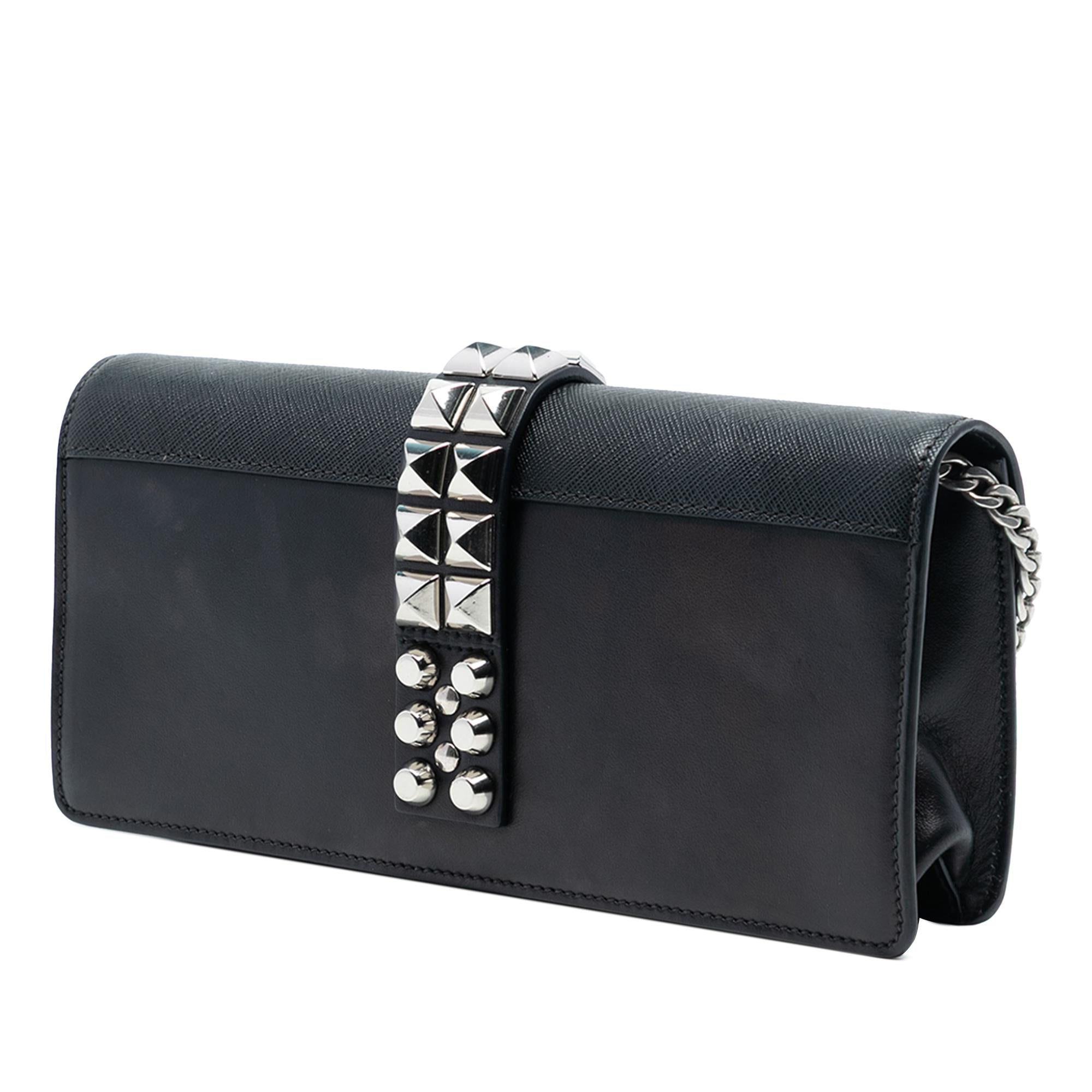 Prada City Calfskin and Saffiano Studded Elektra Clutch with Chain