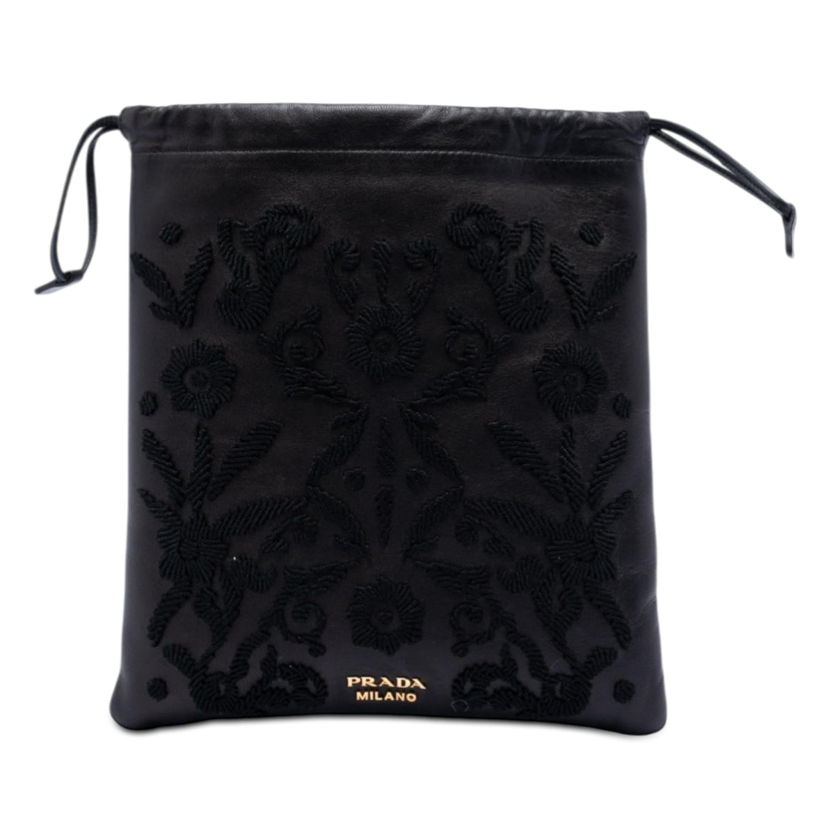 Prada Embroidered Leather Drawstring Pouch