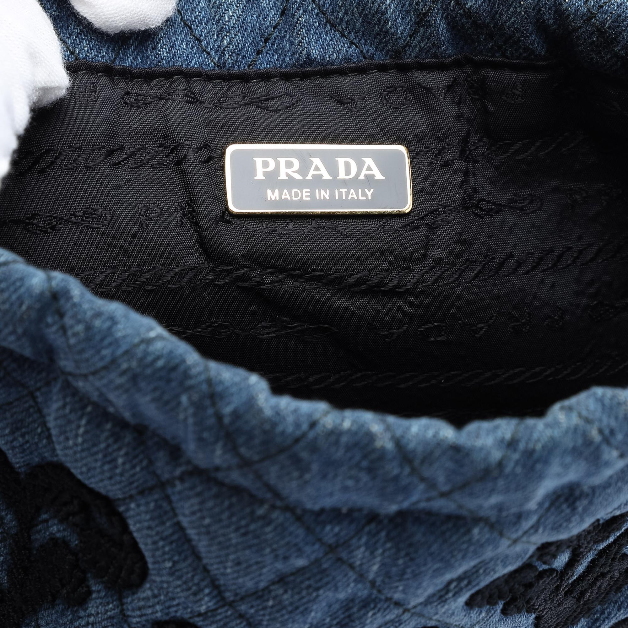 Prada Impuntu  Denim Embroidered Drawstring Pouch