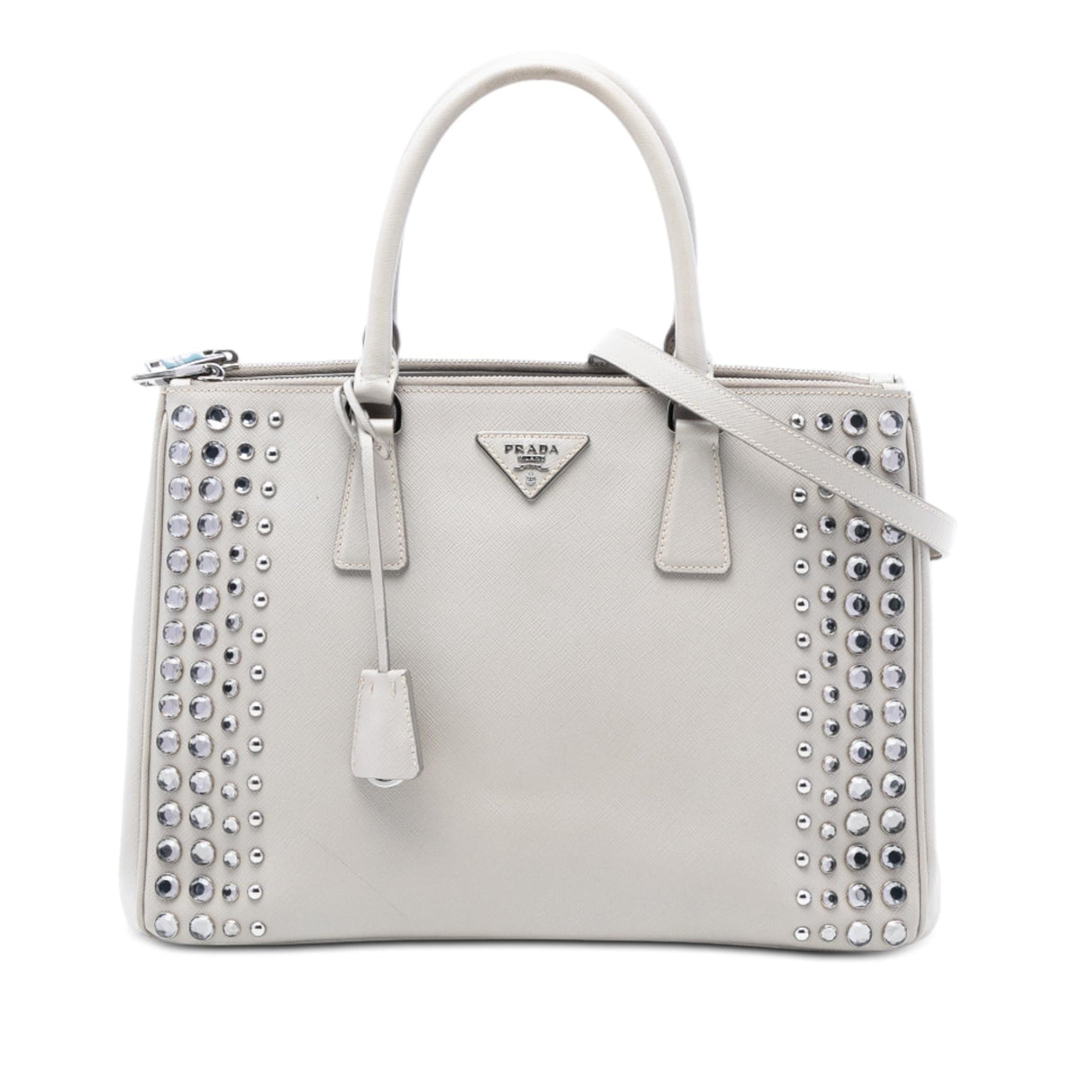 Prada Medium Saffiano Lux Studded Crystal Galleria Double Zip Satchel