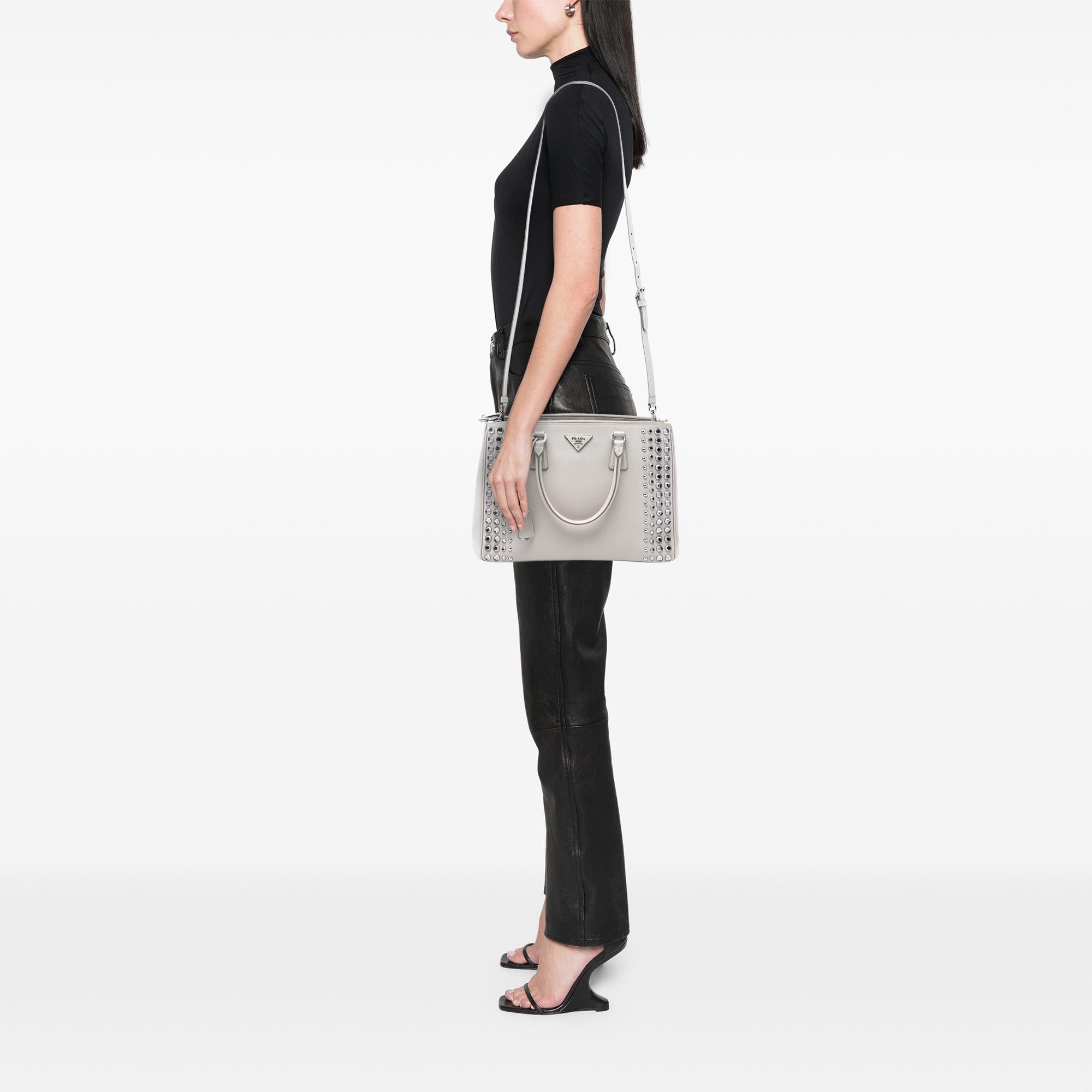 Prada Medium Saffiano Lux Studded Crystal Galleria Double Zip Satchel