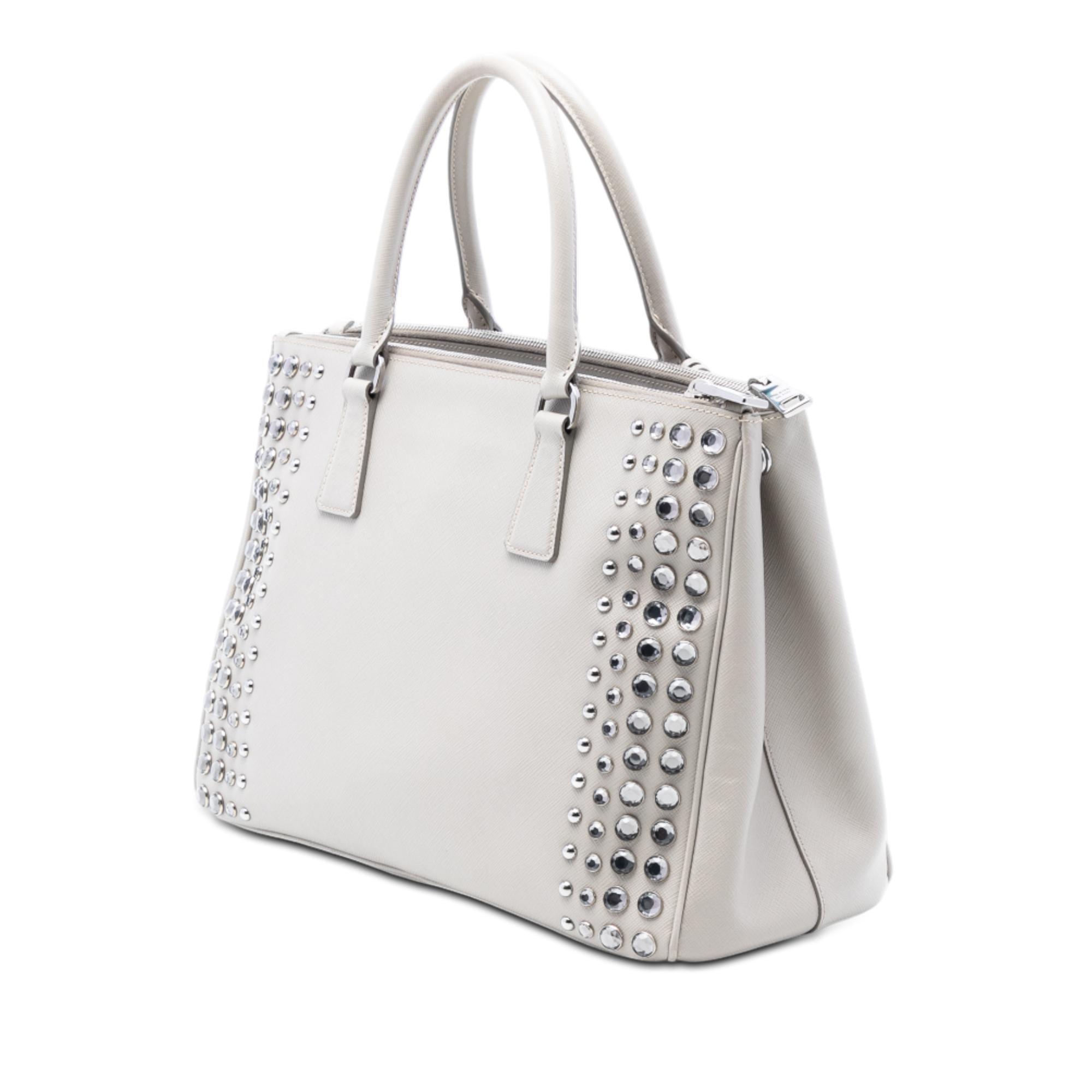 Prada Medium Saffiano Lux Studded Crystal Galleria Double Zip Satchel