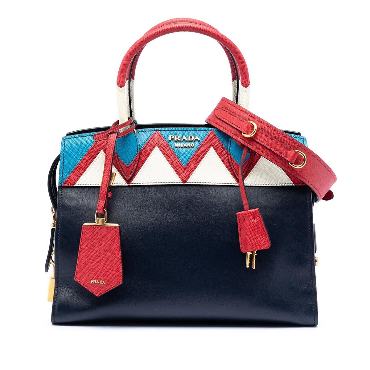 Prada Medium Saffiano Trimmed City Calf Greca Esplanade Satchel