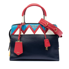 Prada Medium Saffiano Trimmed City Calf Greca Esplanade Satchel