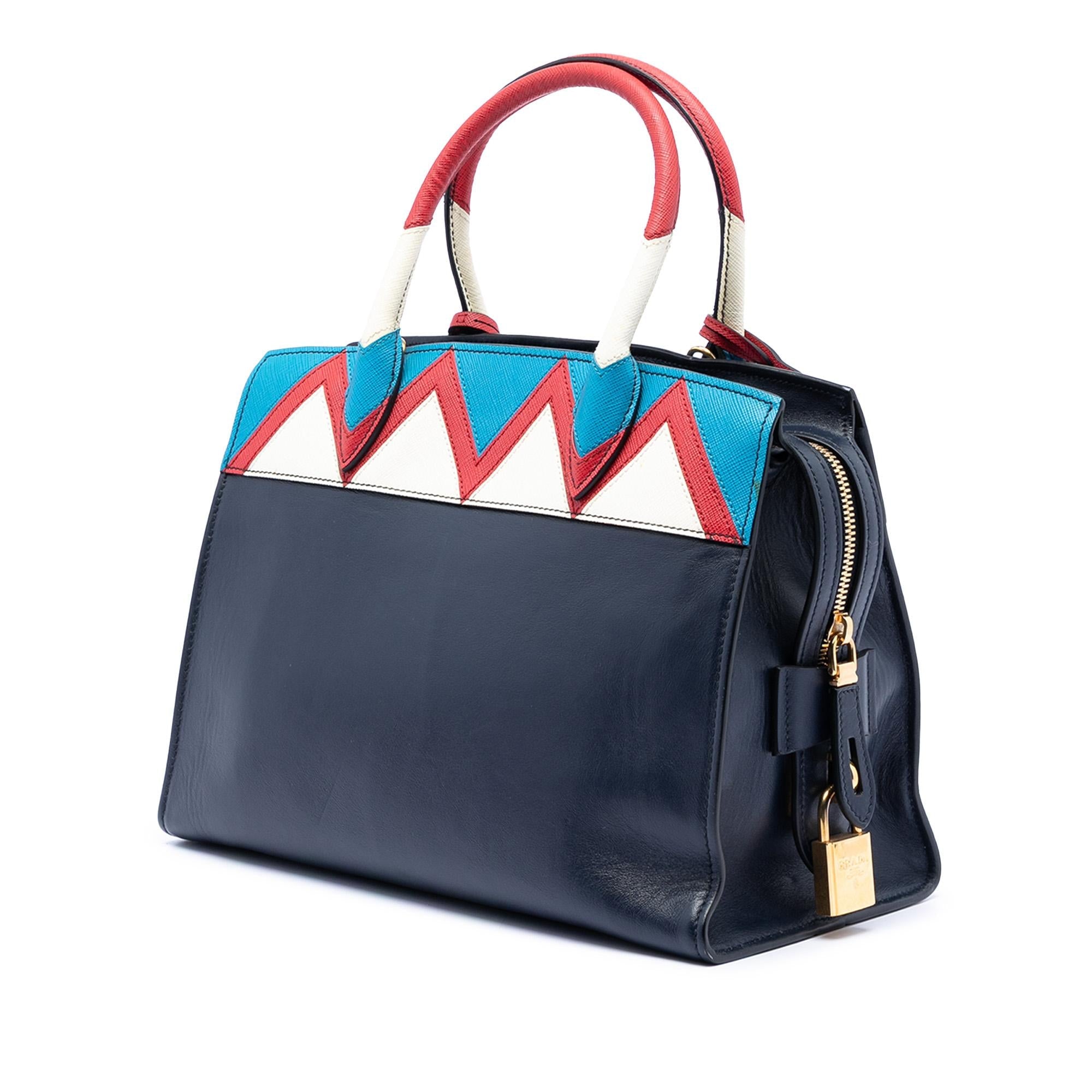 Prada Medium Saffiano Trimmed City Calf Greca Esplanade Satchel
