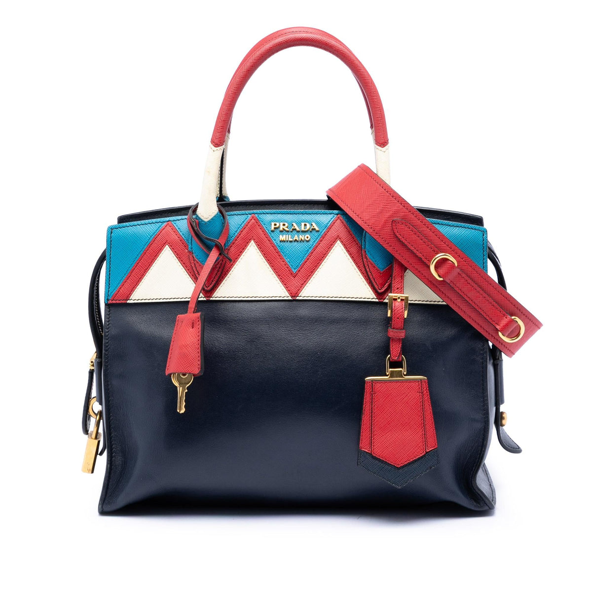 Prada Medium Saffiano Trimmed City Calf Greca Esplanade Satchel