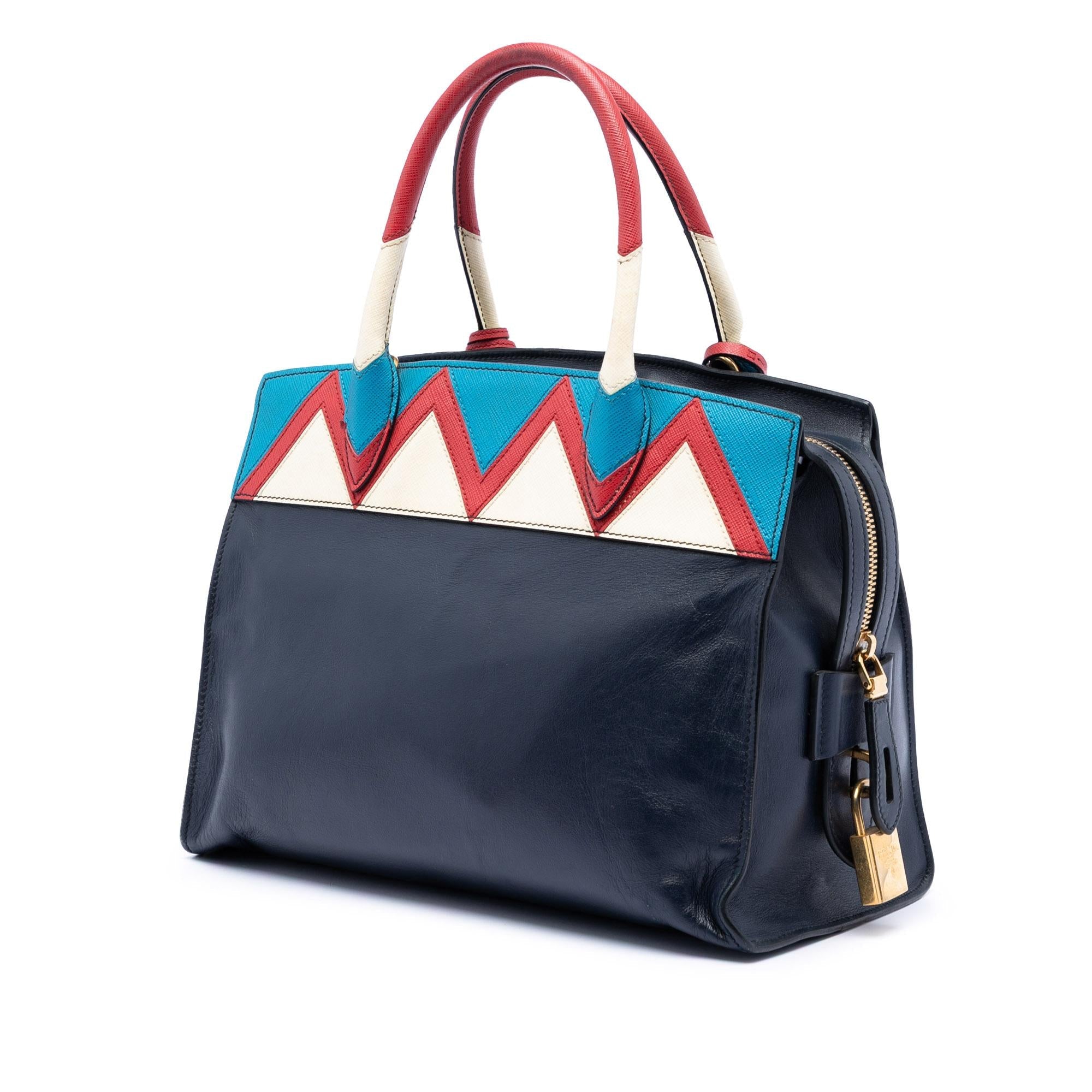 Prada Medium Saffiano Trimmed City Calf Greca Esplanade Satchel