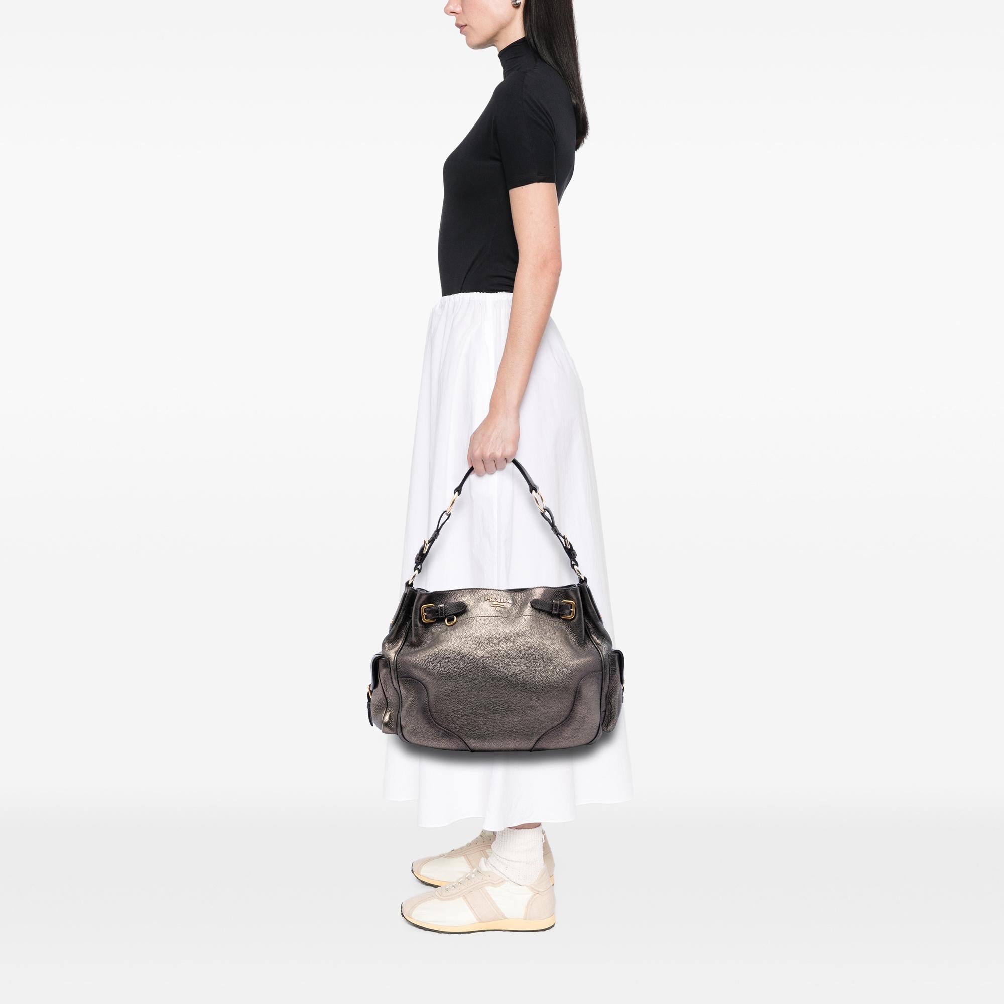 Prada Metallic Vitello Daino Side Flap Pockets Shoulder Bag