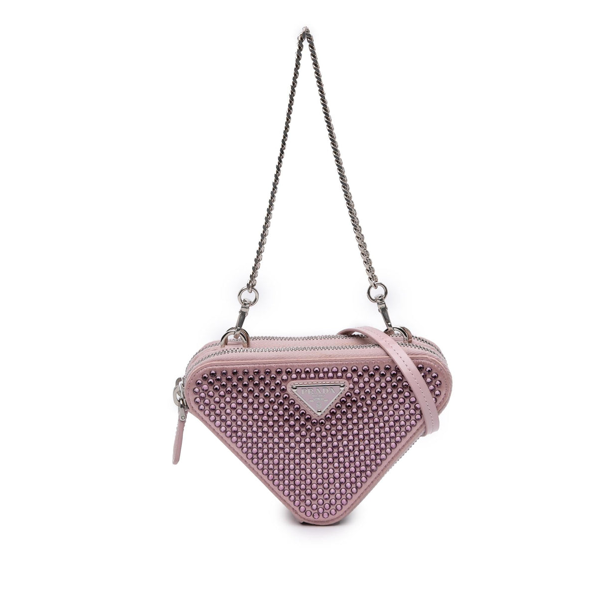 Prada Mini Crystal Embellished Satin and Leather Triangle Pouch