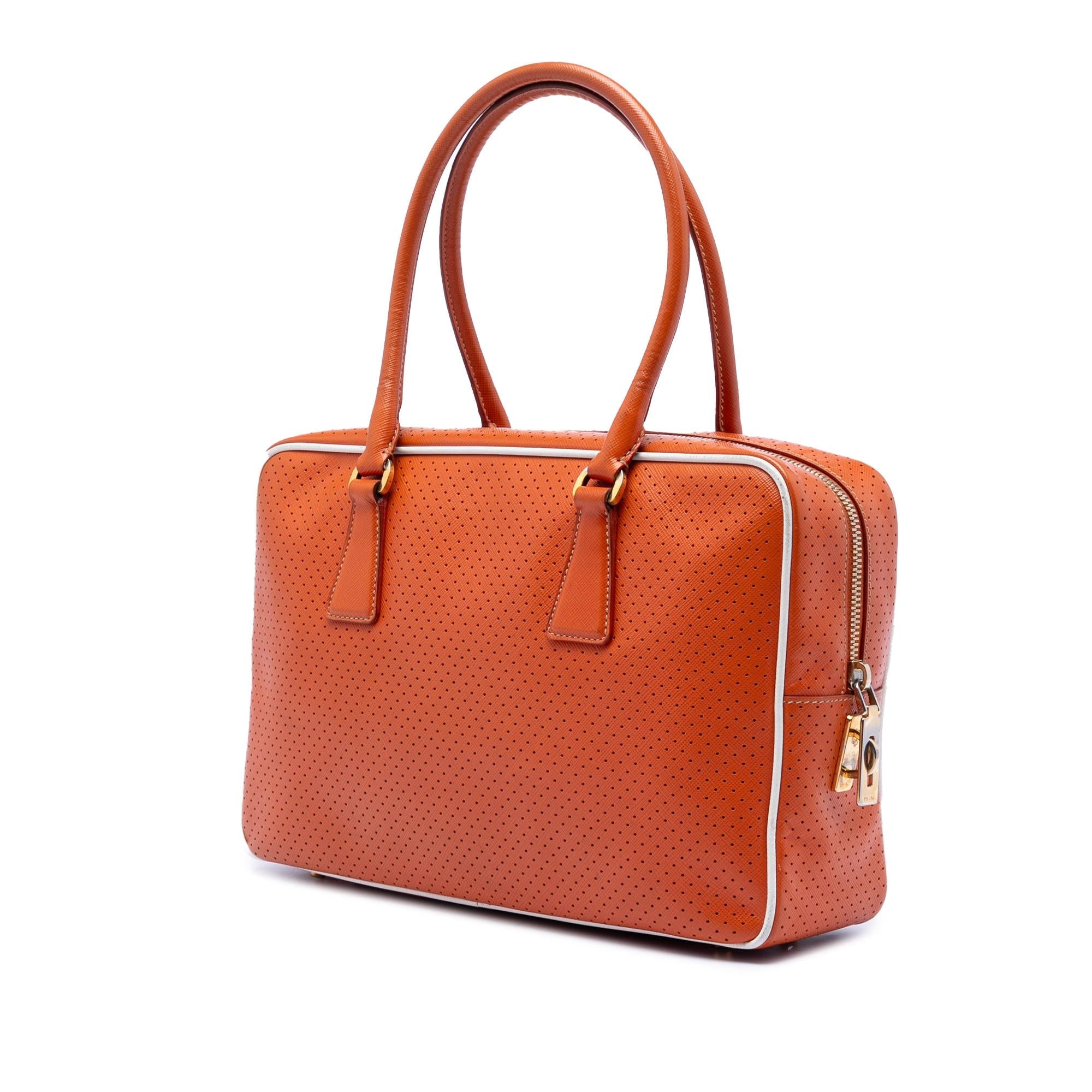 Prada Perforated Vitello Drive Leather Bauletto Top Handle Bag