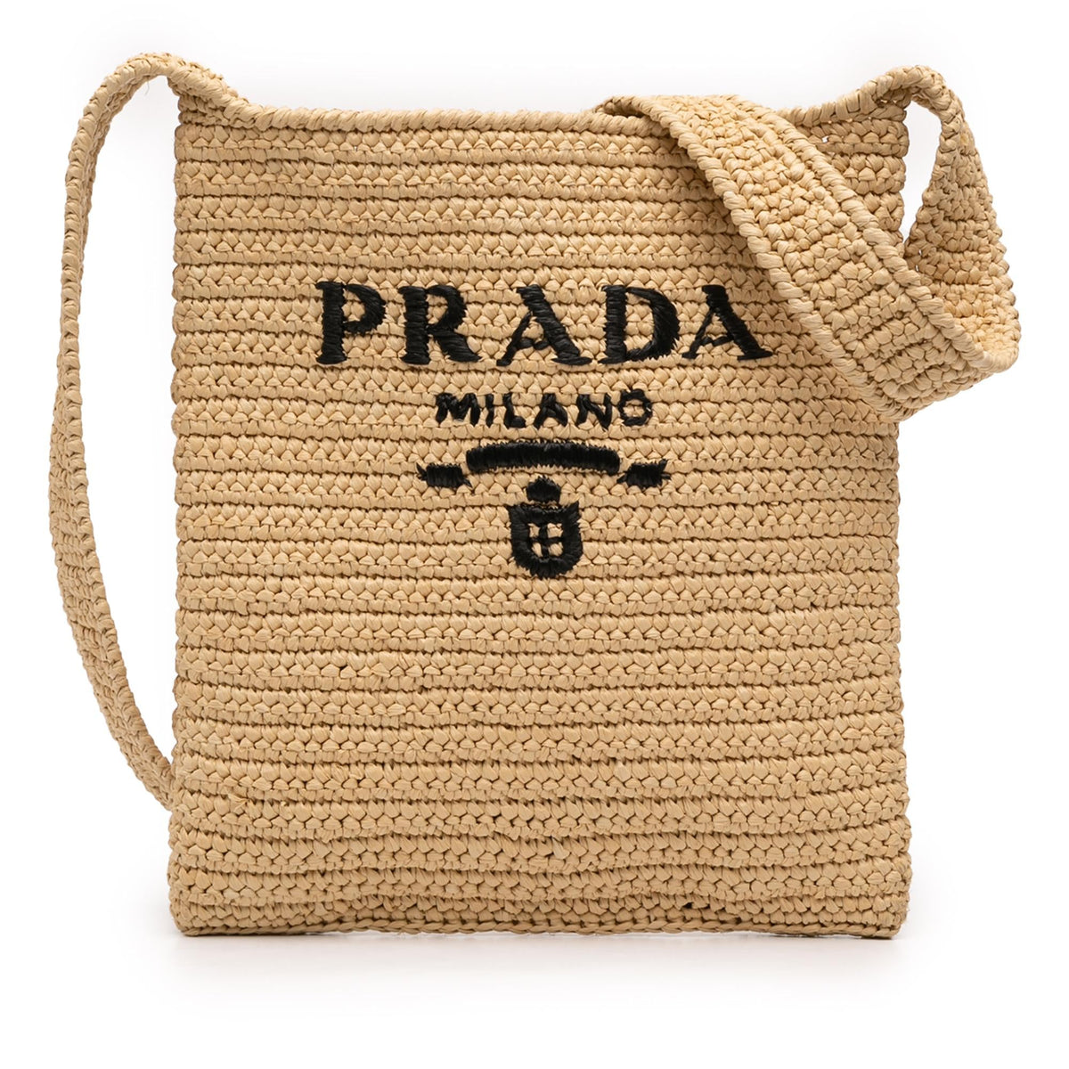 Prada Raffia Effect Crochet Logo Embroidered Crossbody
