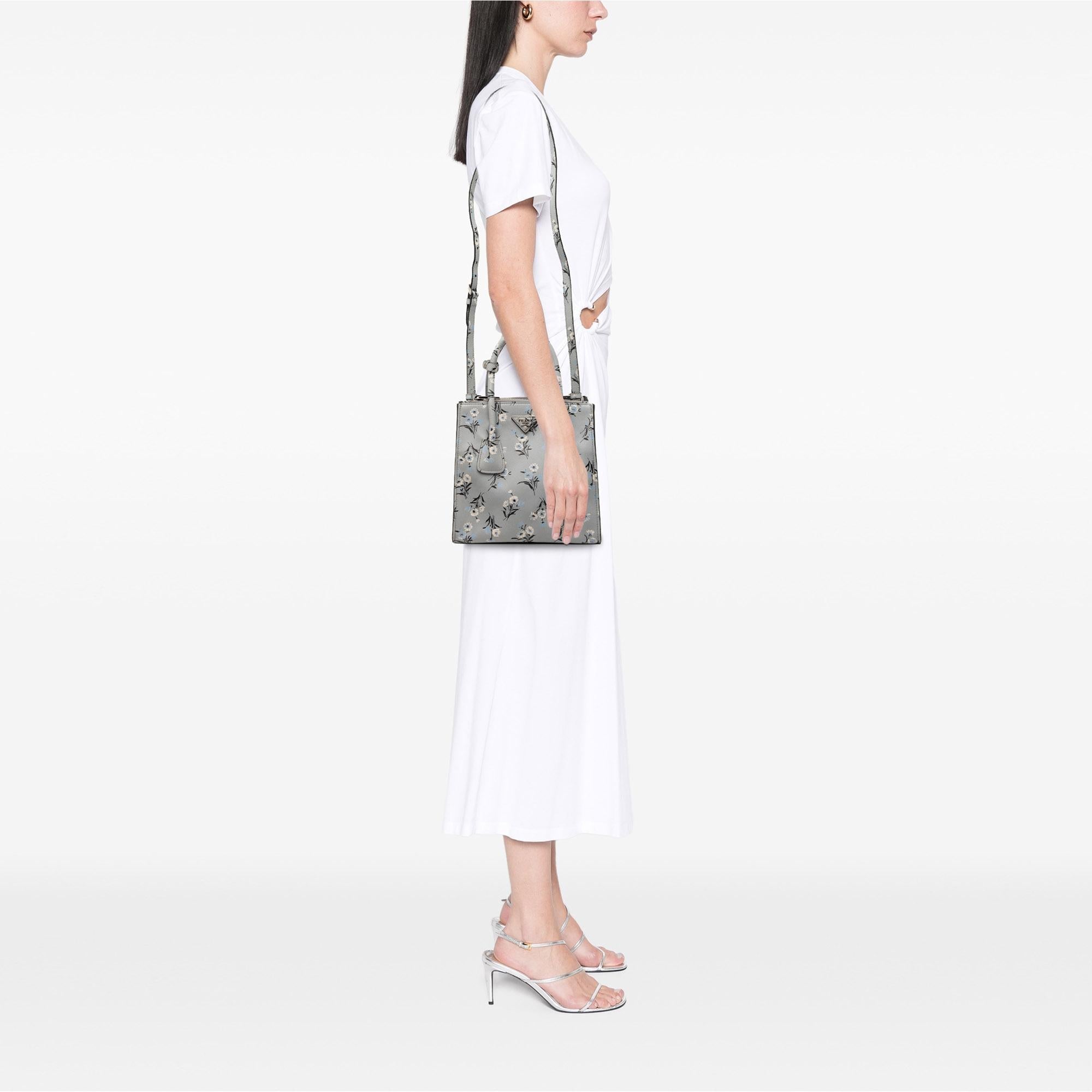 Prada Saffiano Floral Print Twin Pocket Satchel