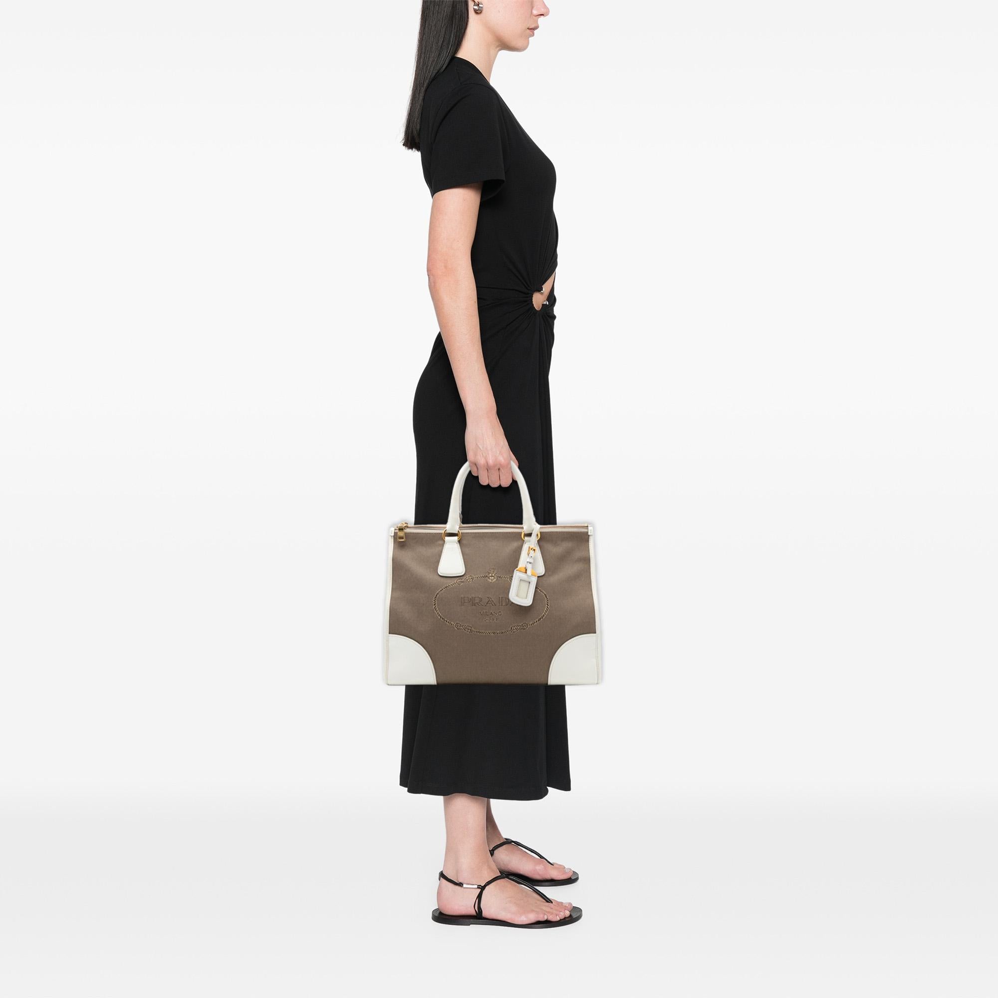 Prada Saffiano Trimmed Canvas Canapa Logo Double Zip Satchel