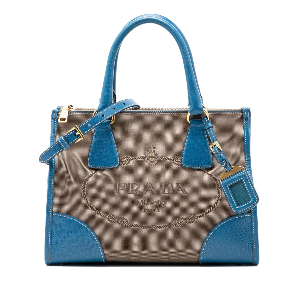 Prada Saffiano Trimmed Canvas Canapa Logo Double Zip Satchel