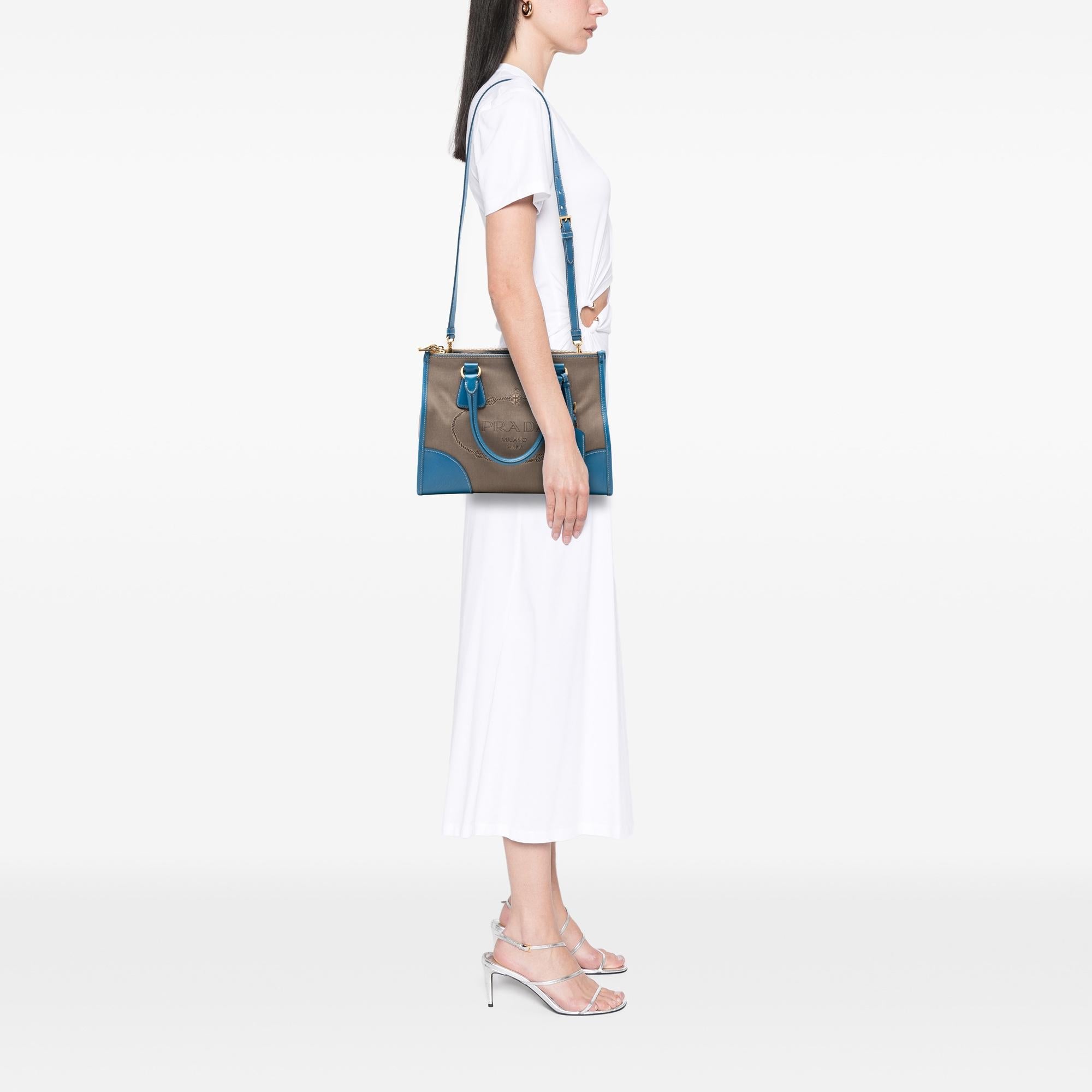 Prada Saffiano Trimmed Canvas Canapa Logo Double Zip Satchel