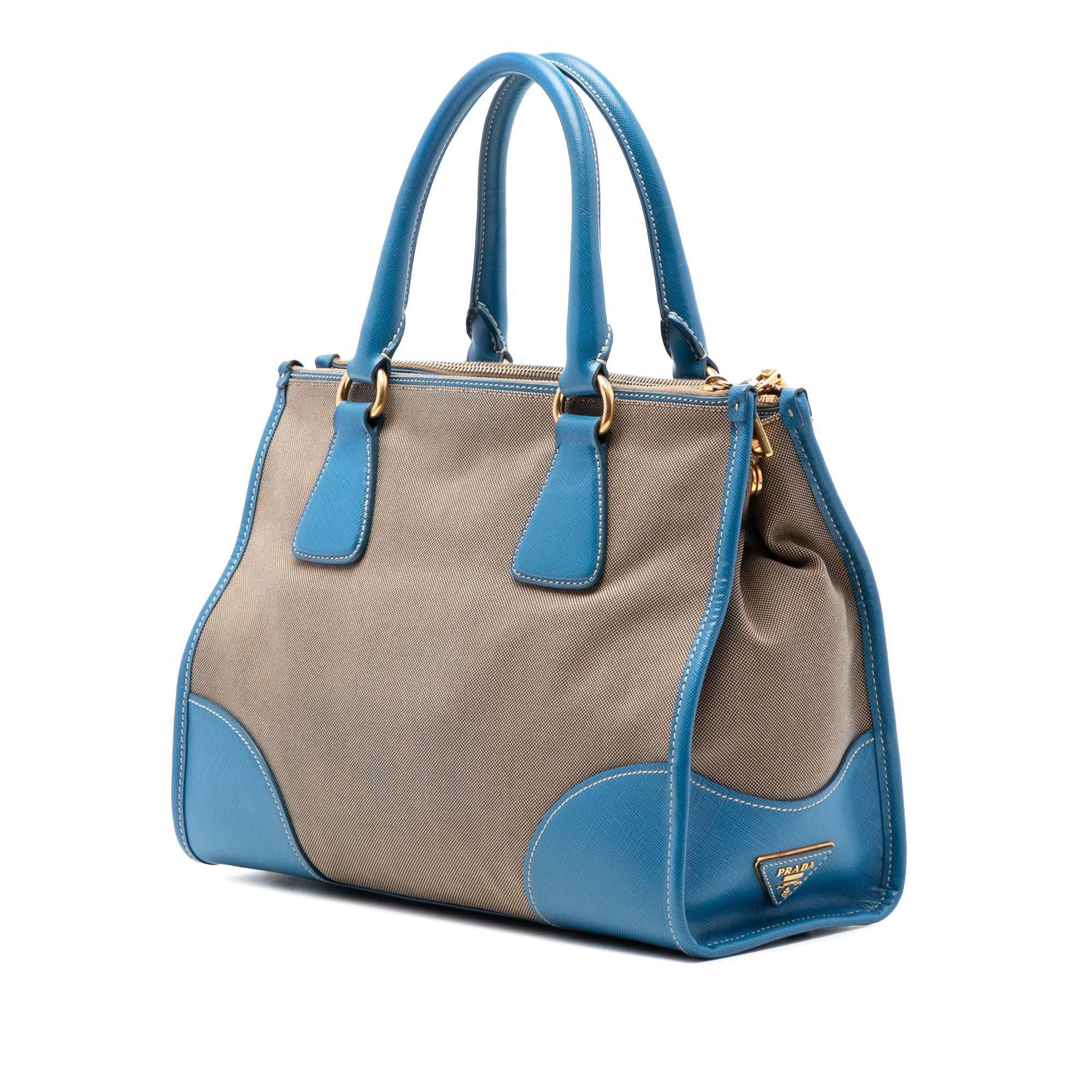 Prada Saffiano Trimmed Canvas Canapa Logo Double Zip Satchel