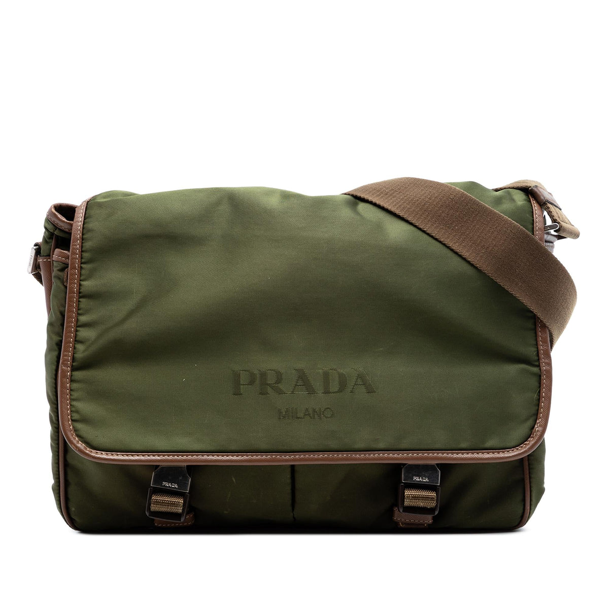 Prada Saffiano Trimmed Tessuto Double Buckle Messenger Bag