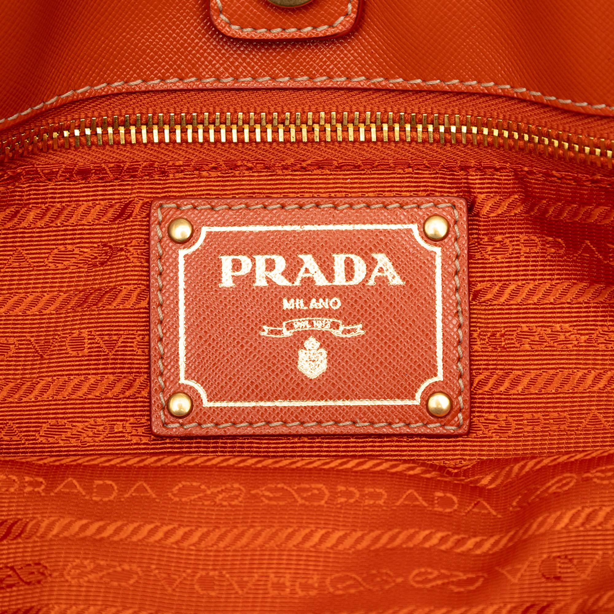 Prada Saffiano Trimmed Tessuto Logo Oro Satchel