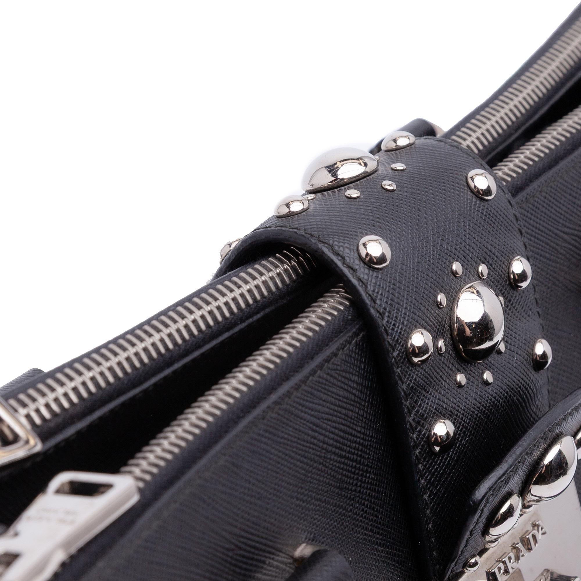 Prada Saffiano Turnlock Double Zip Studded Tote