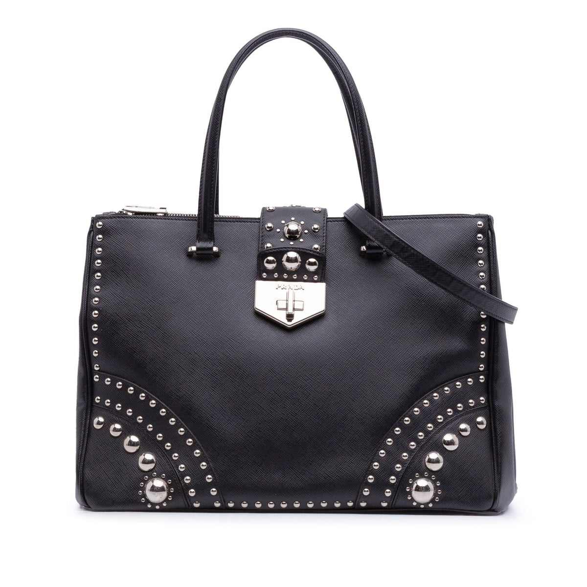 Prada Saffiano Turnlock Double Zip Studded Tote