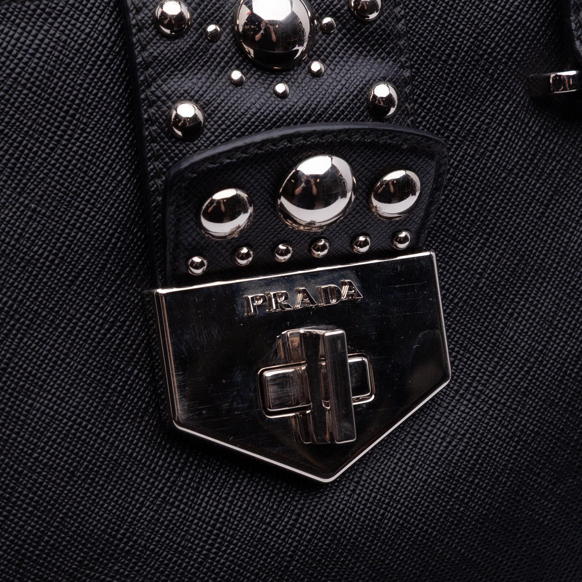 Prada Saffiano Turnlock Double Zip Studded Tote