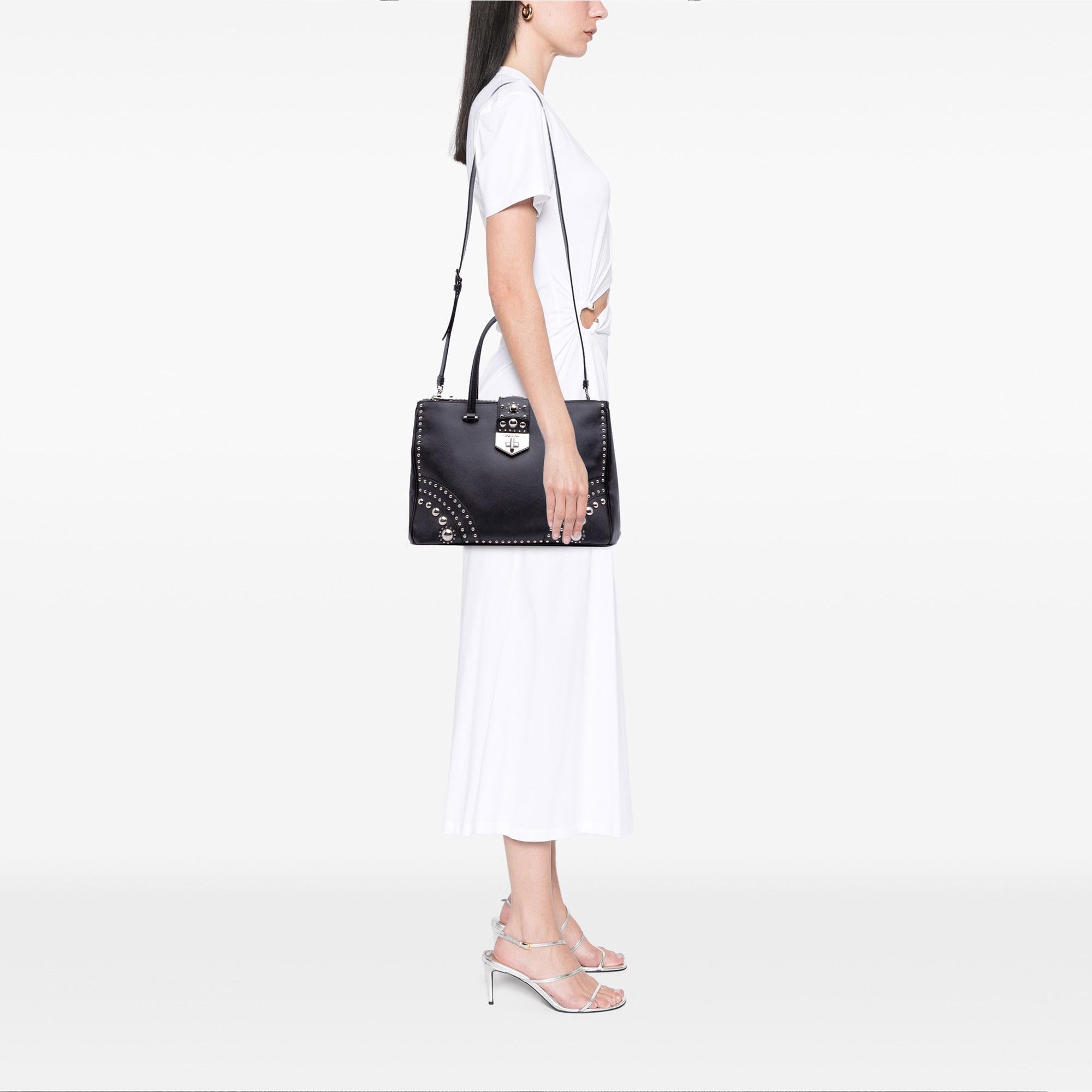 Prada Saffiano Turnlock Double Zip Studded Tote