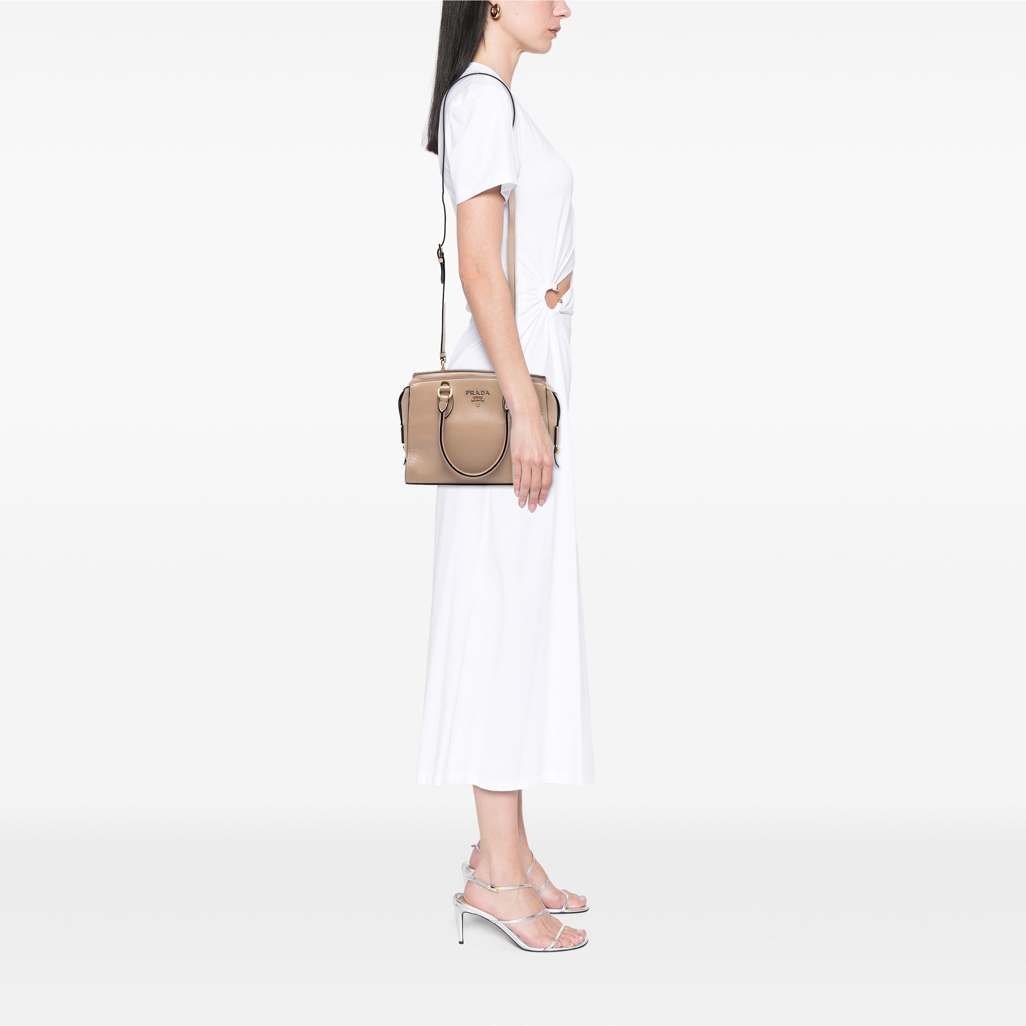 Prada Small City Calf Trimmed Saffiano Top Handle Bag
