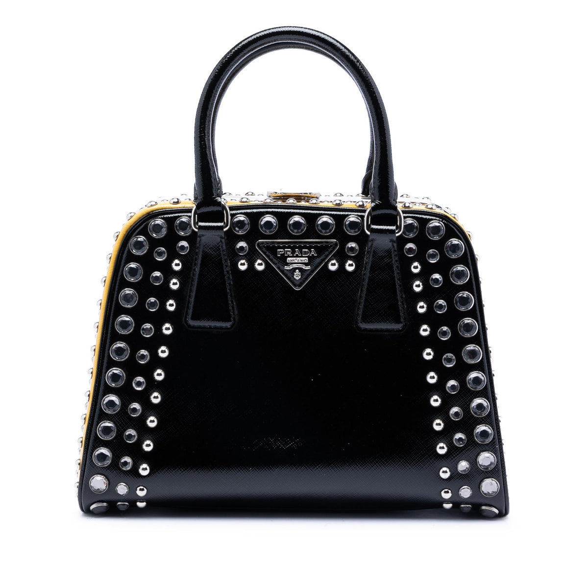 Prada Small Studded Saffiano Vernice Frame Top Handle Bag