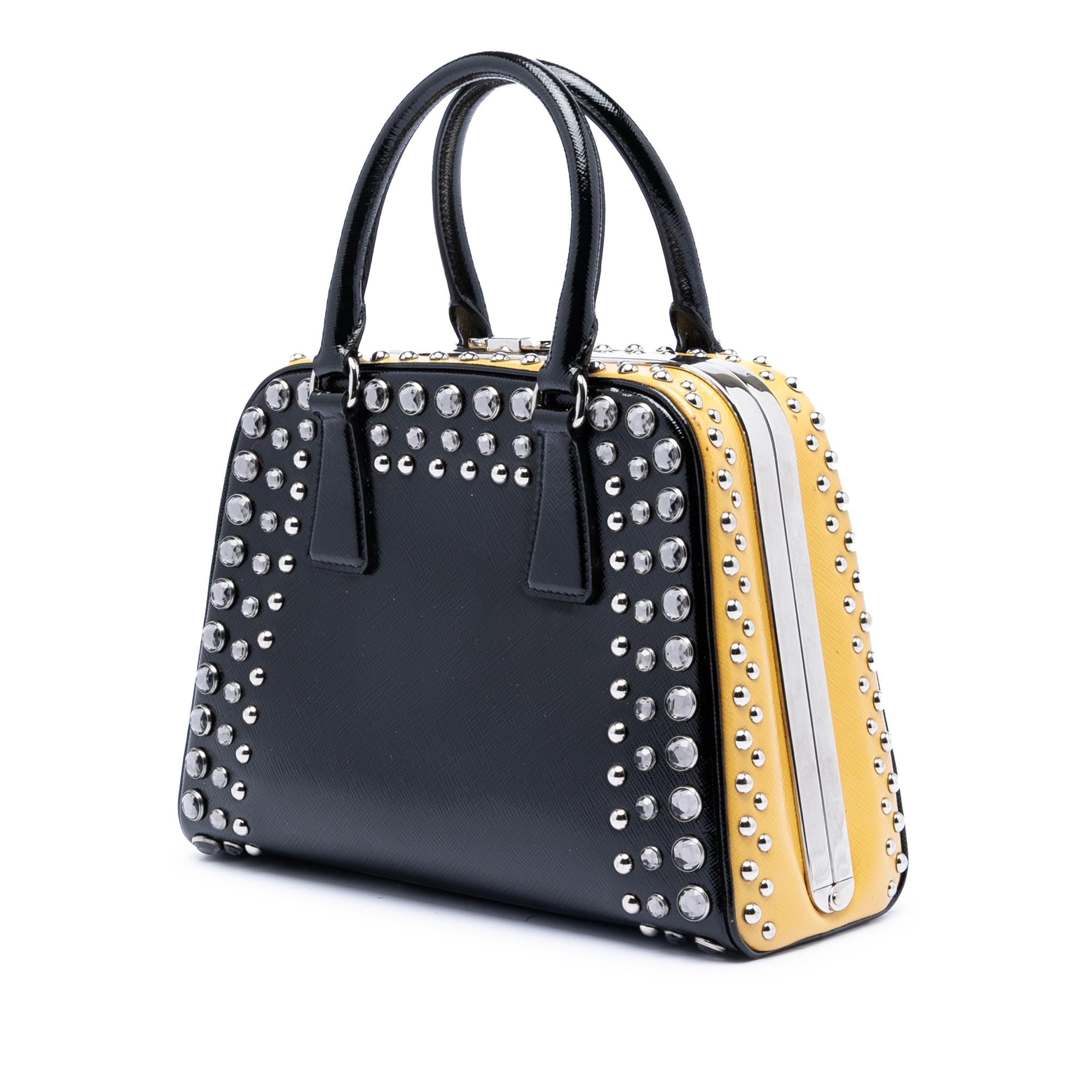 Prada Small Studded Saffiano Vernice Frame Top Handle Bag