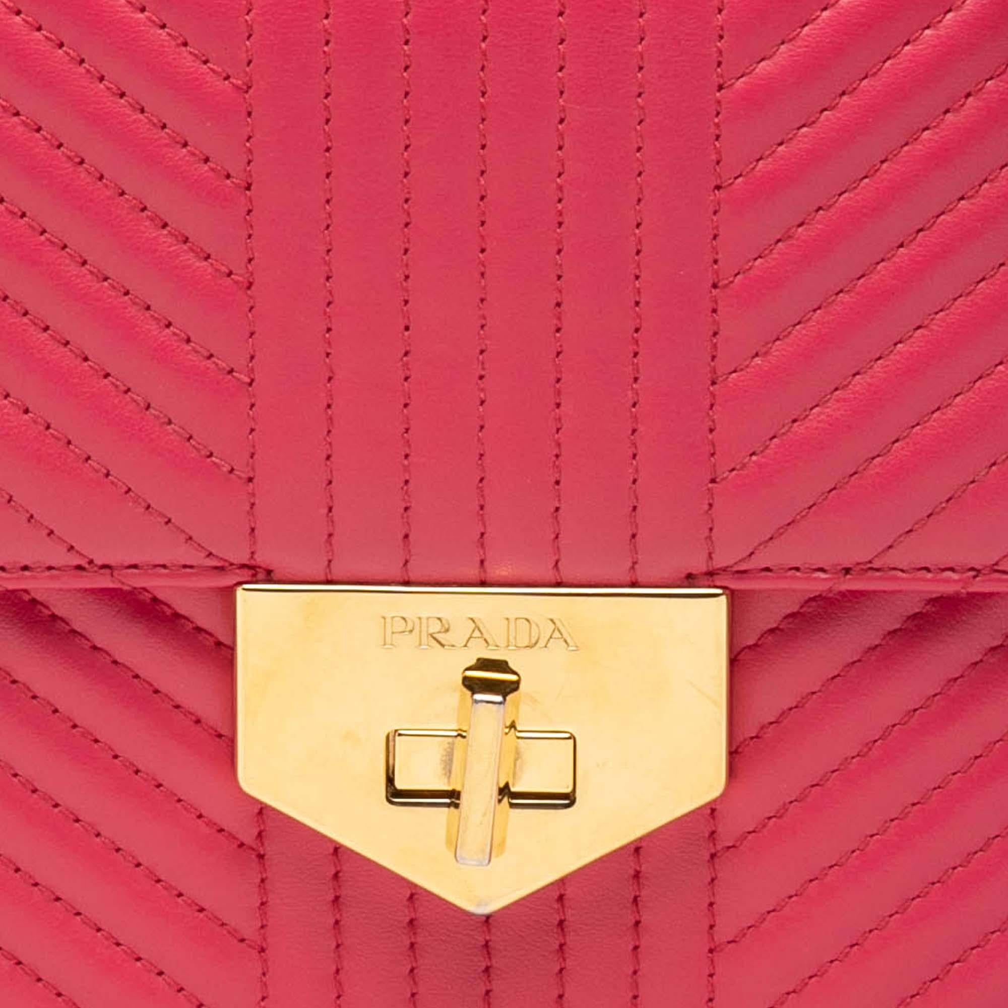 Prada Soft Calf Chevron Impunture Turn Lock Chain Crossbody