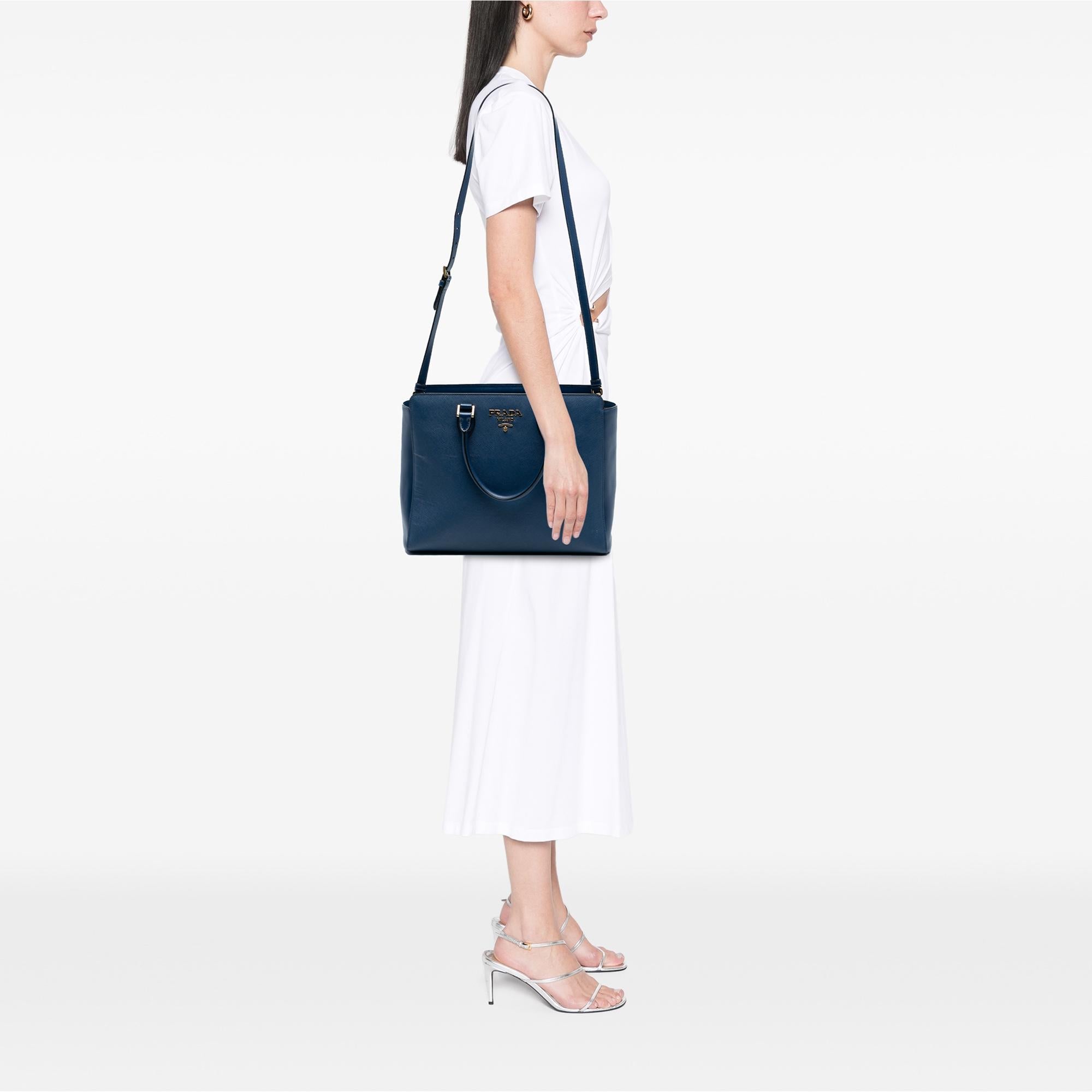 Prada Soft Calf Trimmed Saffiano Zippered Convertible Tote