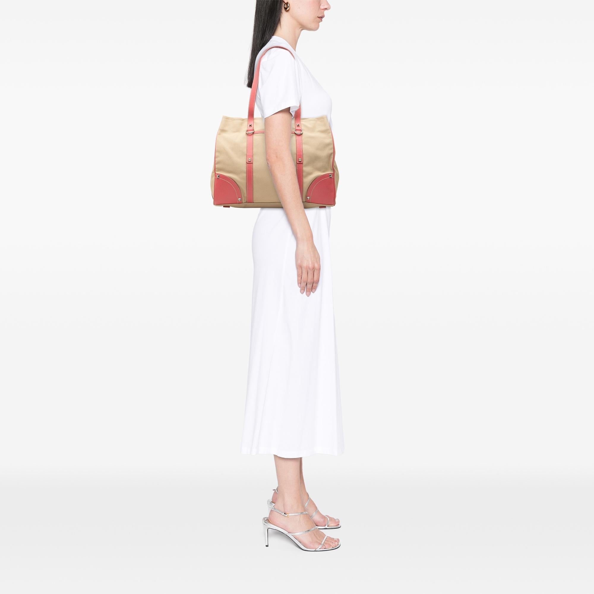 Prada Studded Leather Trimmed Canvas Front Pocket Tote