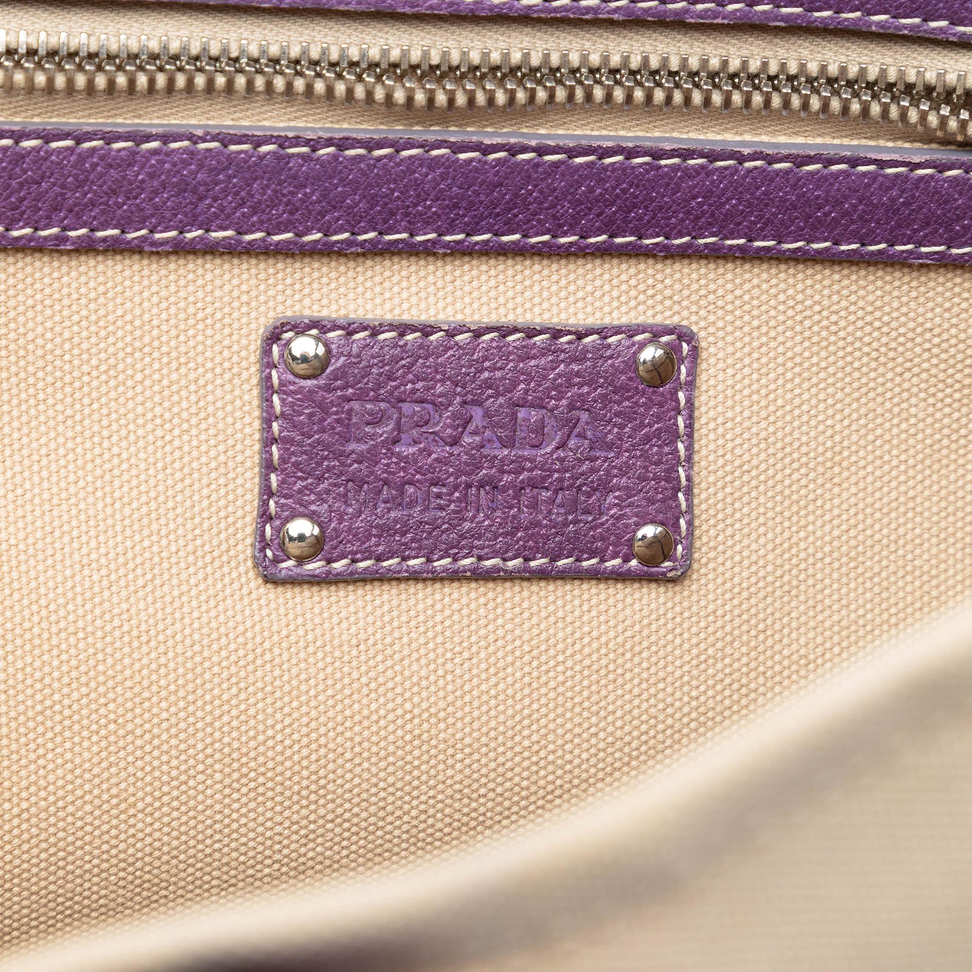 Prada Studded Leather Trimmed Canvas Front Pocket Tote