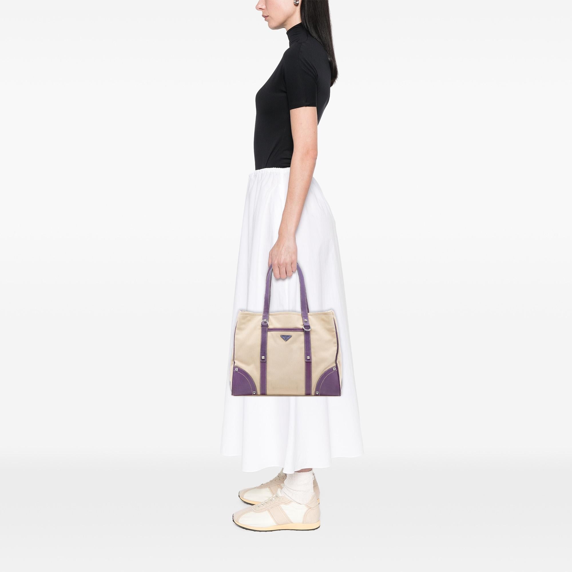 Prada Studded Leather Trimmed Canvas Front Pocket Tote