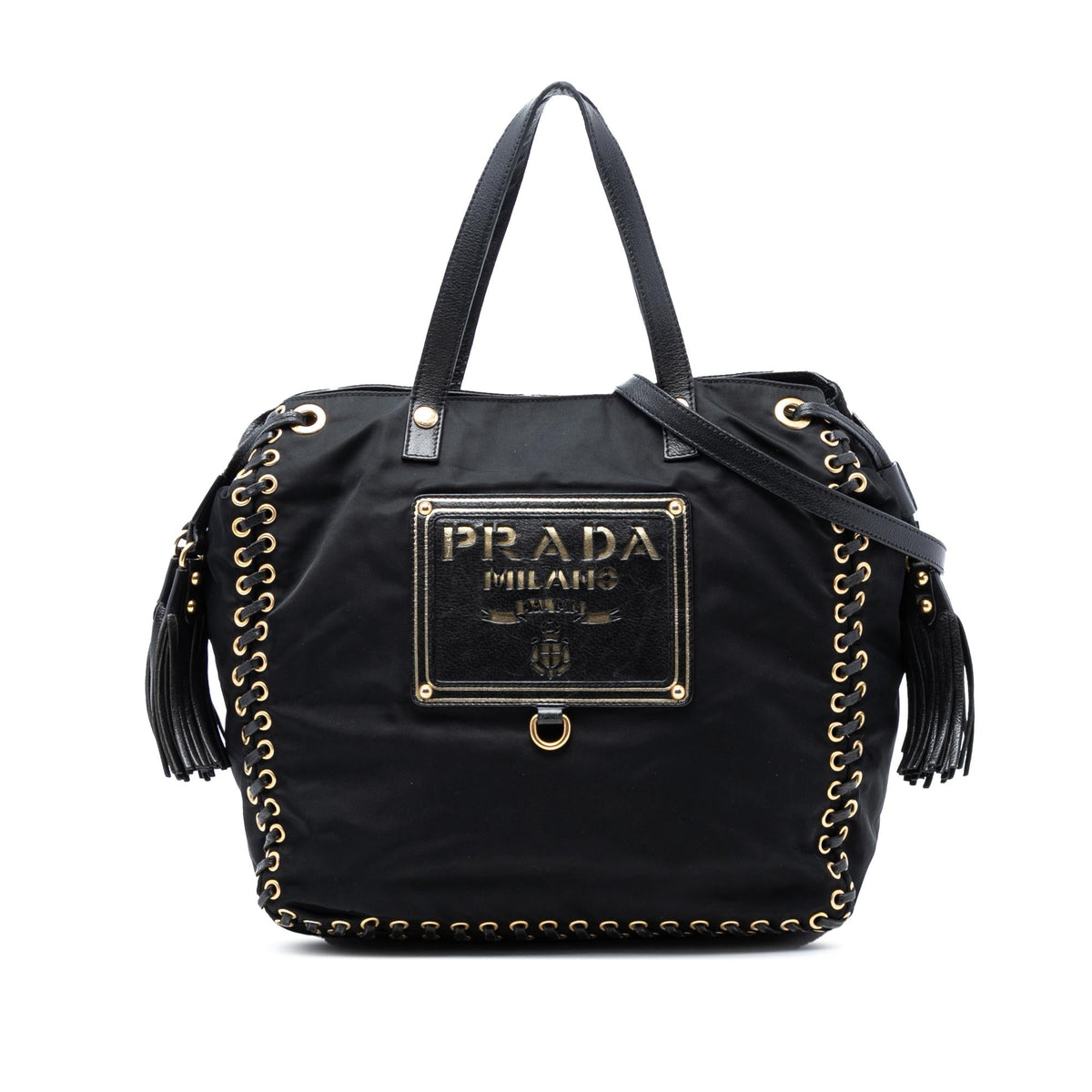 Prada Tessuto Whipstitched Logo Oro Tassel Satchel