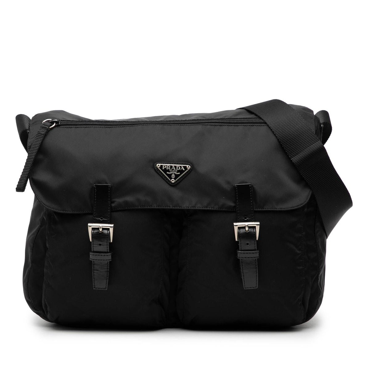 Prada Tessuto Zip Double Buckle Messenger Bag