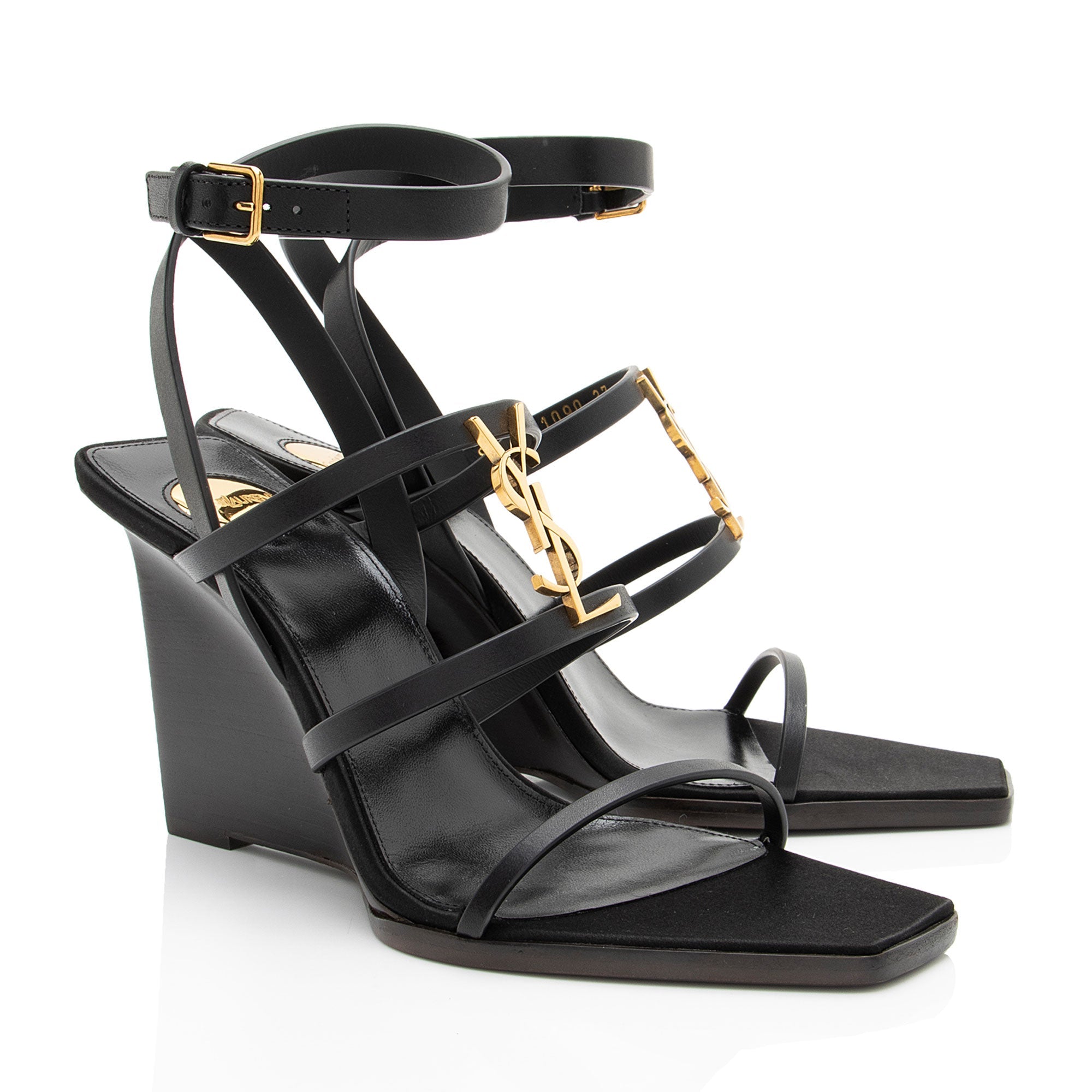 Saint Laurent Calfskin Cassandra Strappy Wedge Sandals - Size 7 / 37